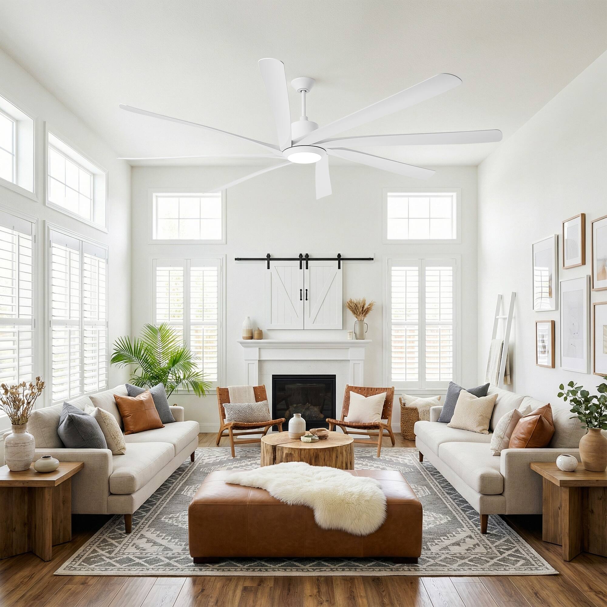 Angle. Parrot Uncle - 100'' White Downrod Mount LED Ceiling Fan with Remote and 8 ABS Blades - White.