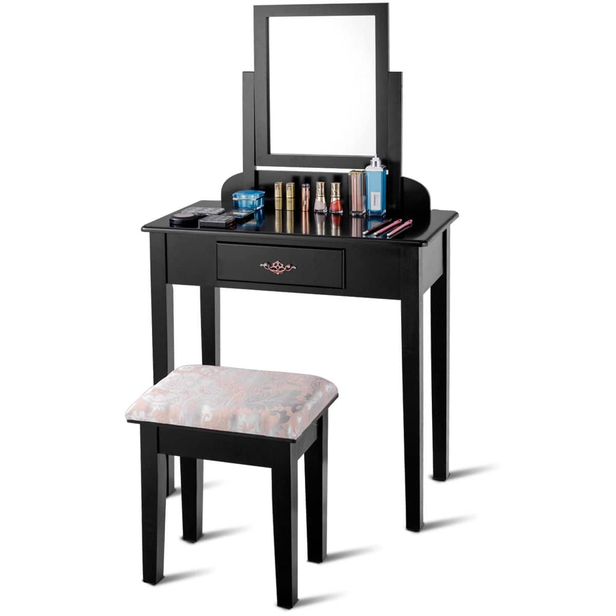 Front. Costway - Costway Makeup Desk Vanity Dressing Table Square Stool 1 Large - Black.