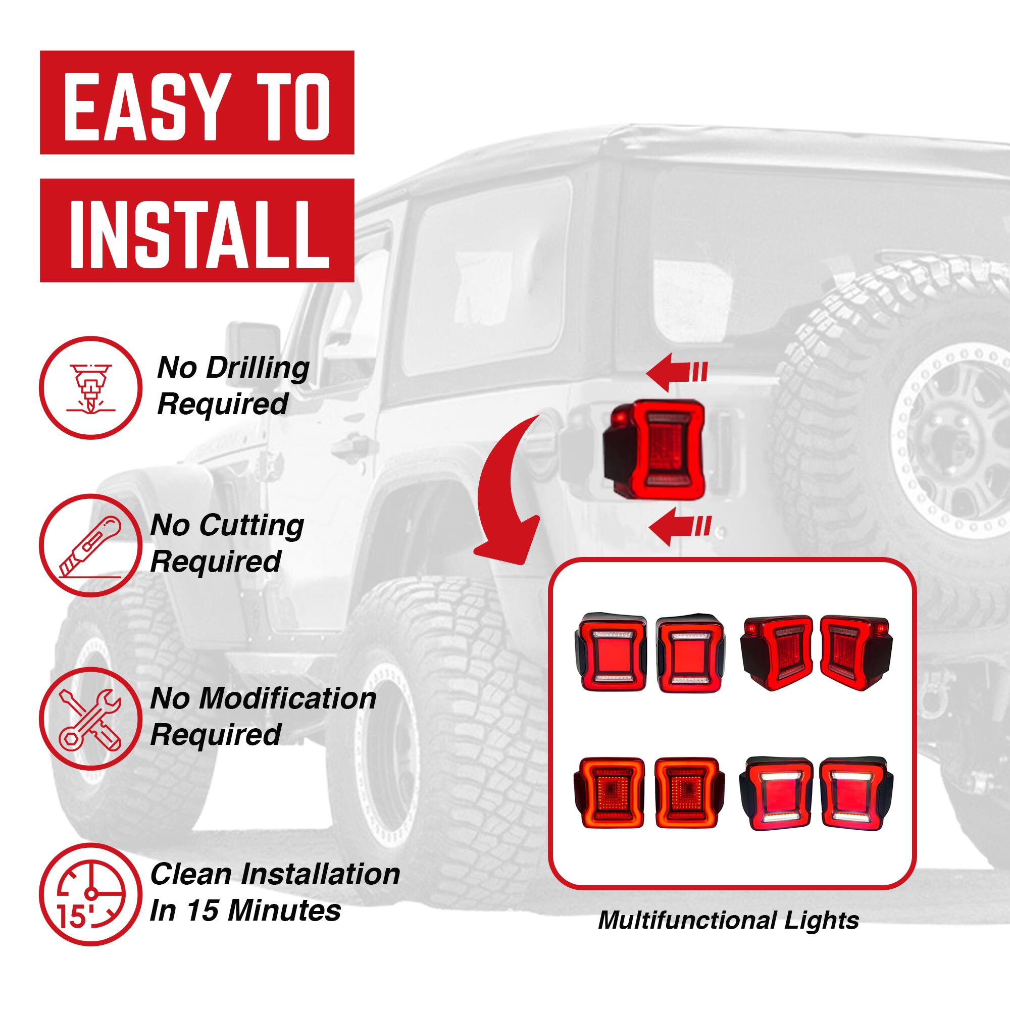 EASY TO INSTALL

- No Drilling Required
- No Cutting Required
- No Modification Required
- Clean Installation In 15 Minutes

Multifunctional Lights