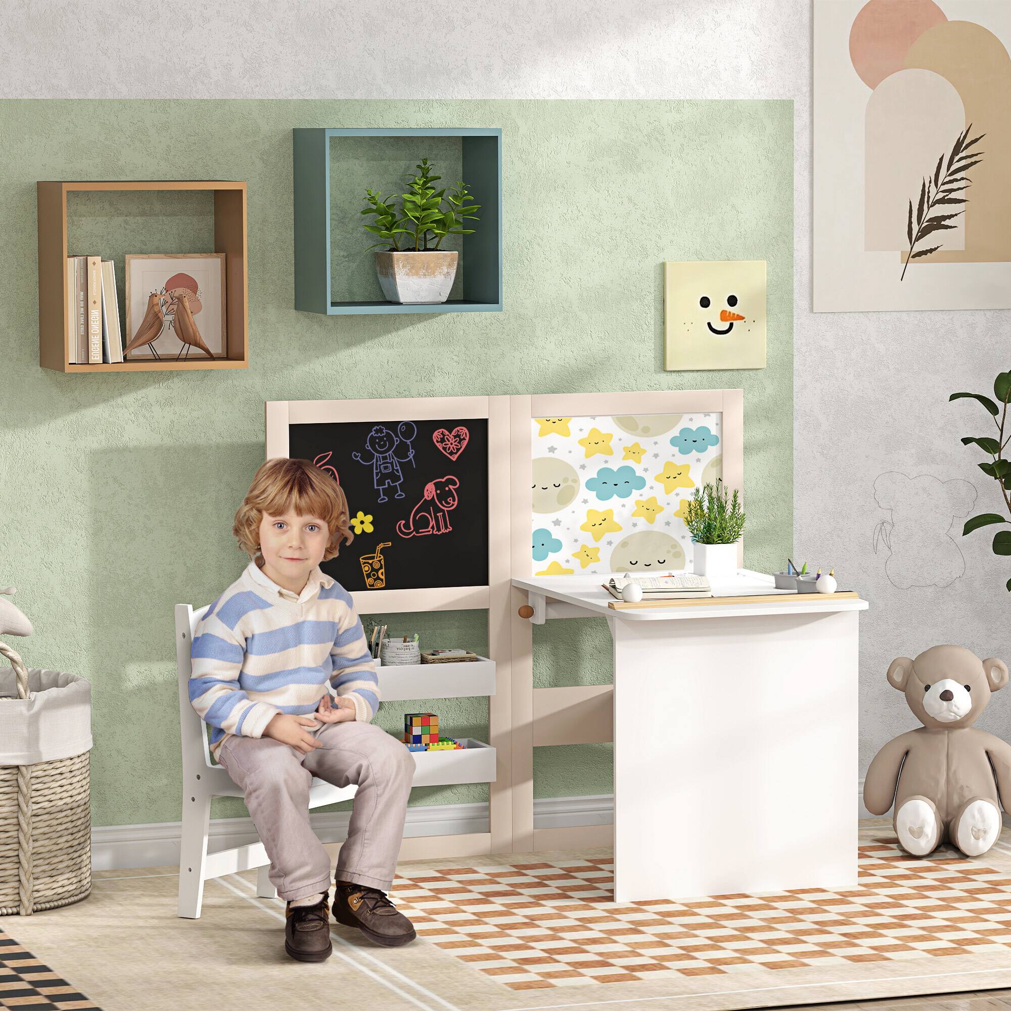Alt View 1. Qaba - in 1 Kids Table and Chair Set with Storage, Whiteboard - White.