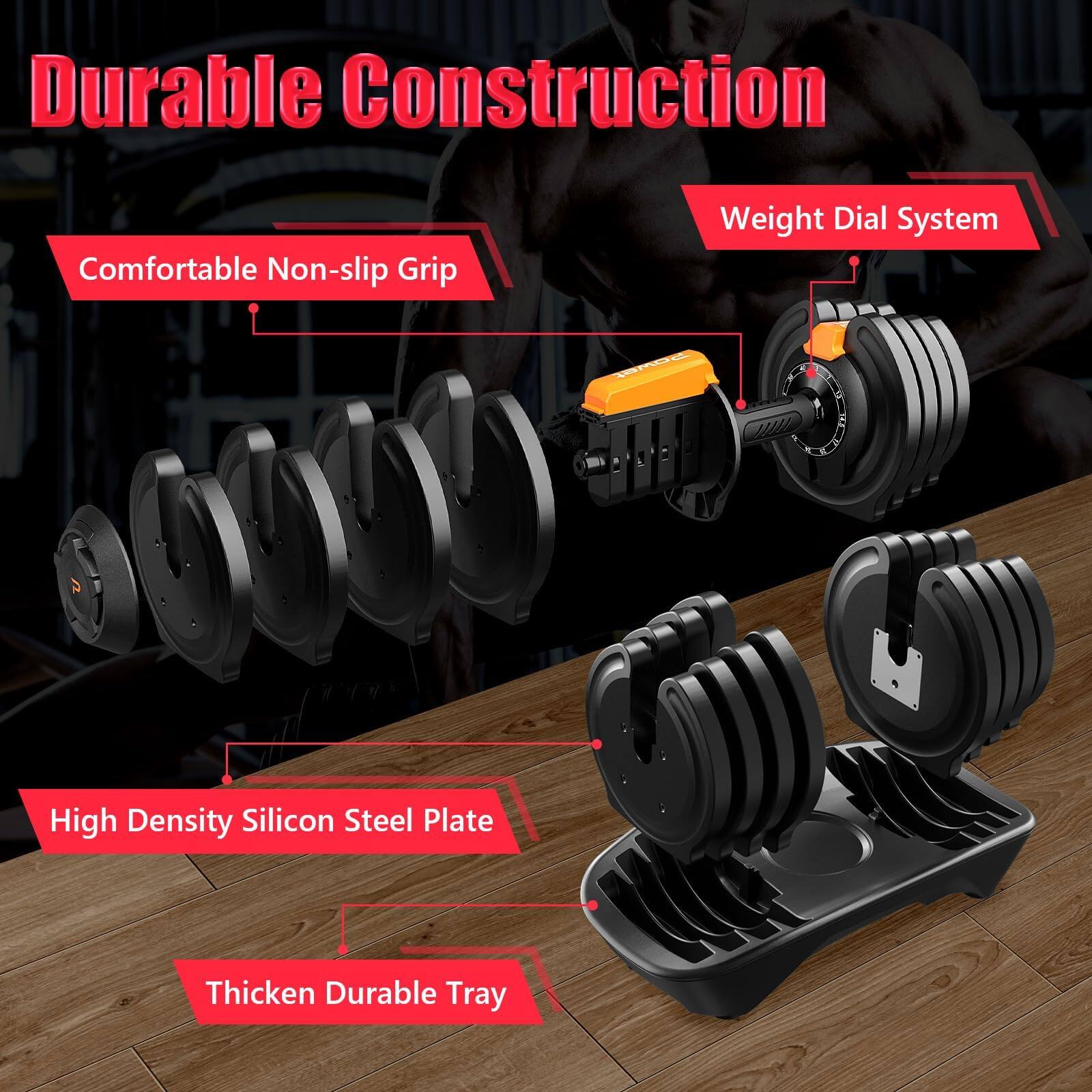 Durable Construction  
Comfortable Non-slip Grip  
Weight Dial System  
High Density Silicon Steel Plate  
Thicken Durable Tray