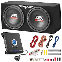 MTX - TNE212D 12" 1200W Dual Loaded Car Subwoofers Box & Planet 1500W Amp with Kit - Black