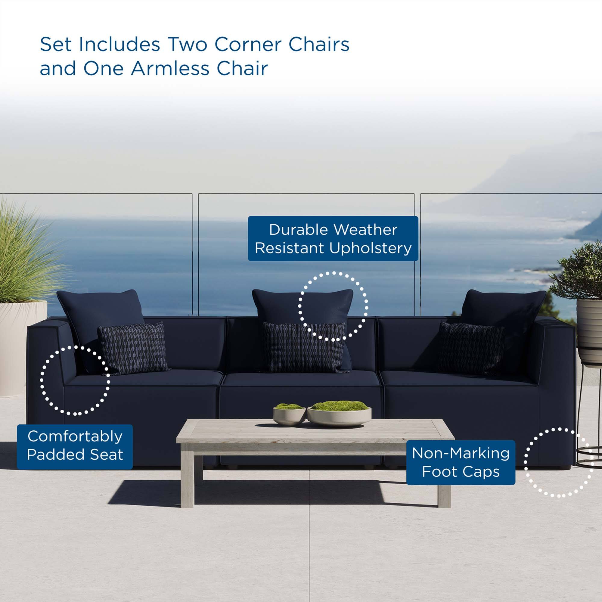 Set Includes Two Corner Chairs and One Armless Chair

- Durable Weather Resistant Upholstery
- Comfortably Padded Seat
- Non-Marking Foot Caps