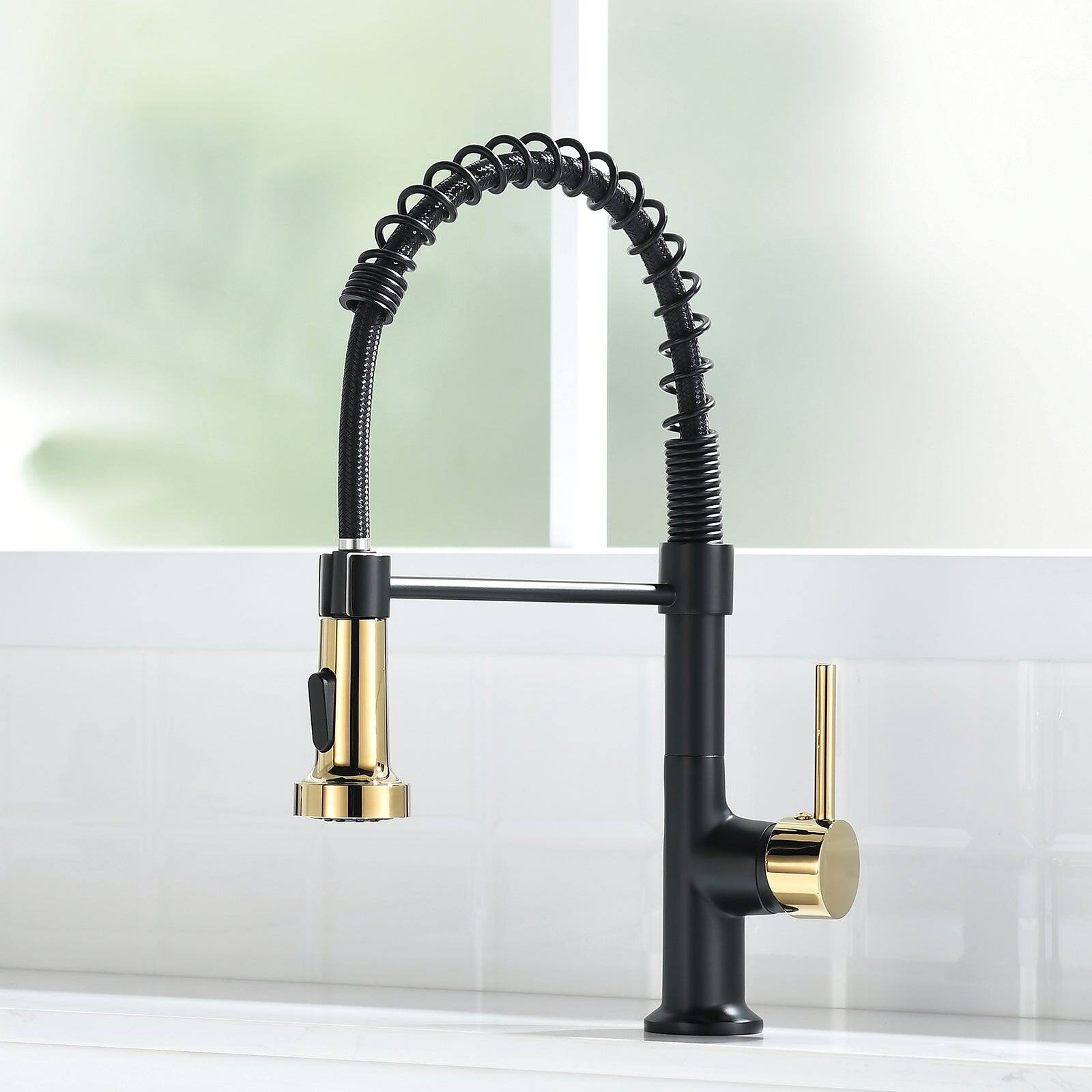 Alt View 2. Boyel Living - Matte Black with Gold Single Handle No Sensor Gooseneck Pull Down Sprayer Kitchen Faucet - Matte Black with Gold.