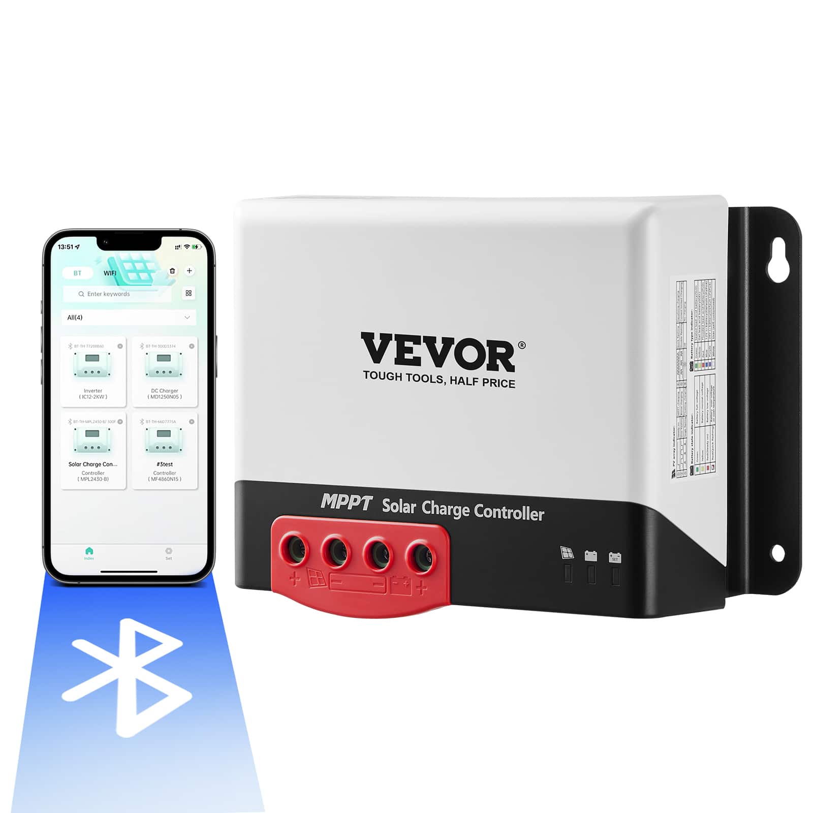 VEVOR - 50A MPPT Solar Charge Controller, 12V / 24V Auto DC Input, Solar Panel Regulator Charger with Bluetooth Module - White