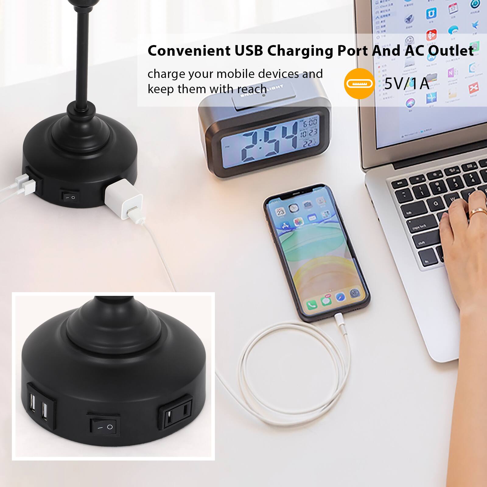 Convenient USB Charging Port And AC Outlet charge your mobile devices and keep them with reach

5V/1A