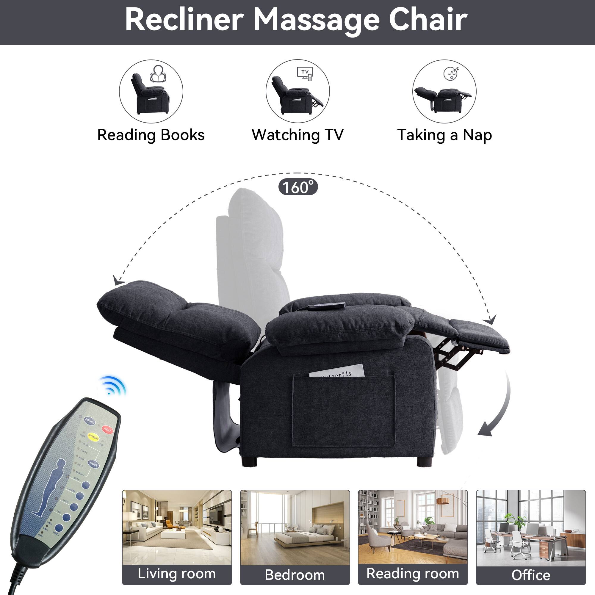 Recliner Massage Chair

- Reading Books
- Watching TV
- Taking a Nap

160°

Living room
Bedroom
Reading room
Office