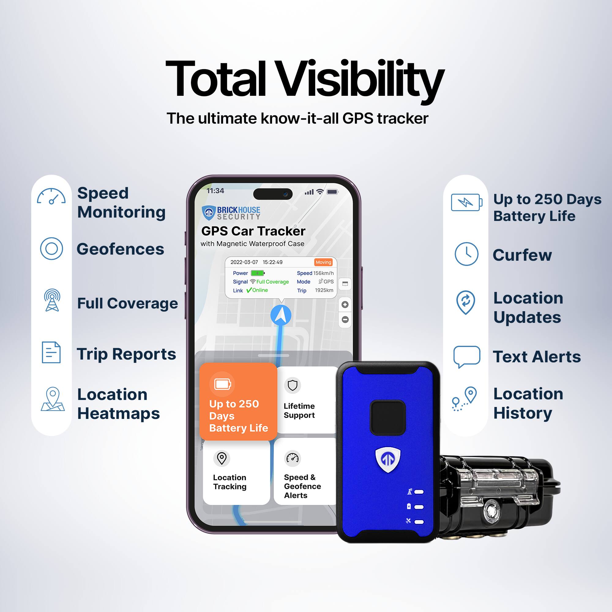 Total Visibility  
The ultimate know-it-all GPS tracker  

- Speed Monitoring  
- Geofences  
- Full Coverage  
- Trip Reports  
- Location Heatmaps  

- Up to 250 Days Battery Life  
- Curfew  
- Location Updates  
- Text Alerts  
- Location History  

- Lifetime Support  
- Location Tracking  
- Speed & Geofence Alerts  

BRICKHOUSE SECURITY GPS Car Tracker with Magnetic Waterproof Case  
2022-05-07 - 15:22:49  
Moving  
Powered 156km/h  
Signal Full Coverage  
Link Online  

Up to 250 Days Battery Life