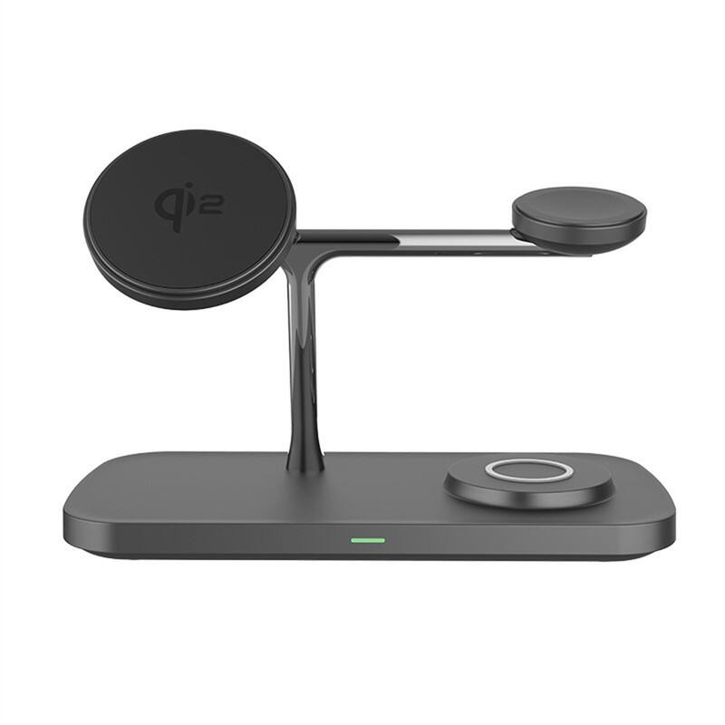 Left. SKRAN - 15W Phone Stand - 3-in-1 Qi2 Magnetic Wireless Charger with charging Port Compatible with Apple Samsung Watch, Earphones - Black.