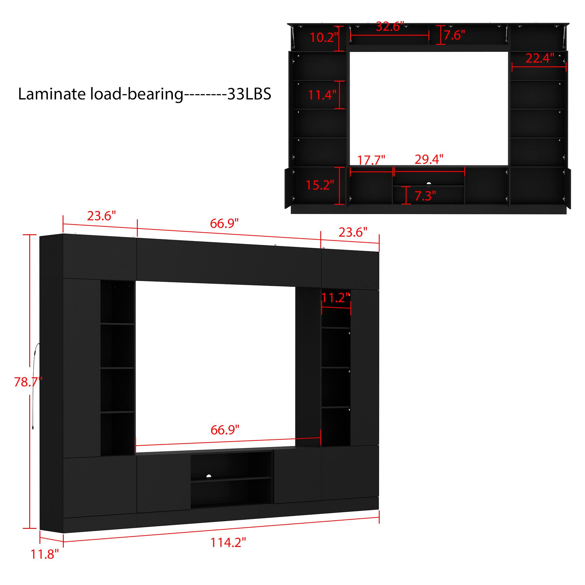 Laminate load-bearing: 33LBS

- 10.2"
- 32.6"
- 7.6"
- 22.4"
- 11.4"
- 17.7"
- 29.4"
- 7.3"
- 11.2"
- 78.7"
- 66.9"
- 11.8"
- 114.2"
- 23.6"
- 66.9"
- 23.6"
- 11.2"
- 23.6"
- 66.9"
- 11.8"
- 114.2"
