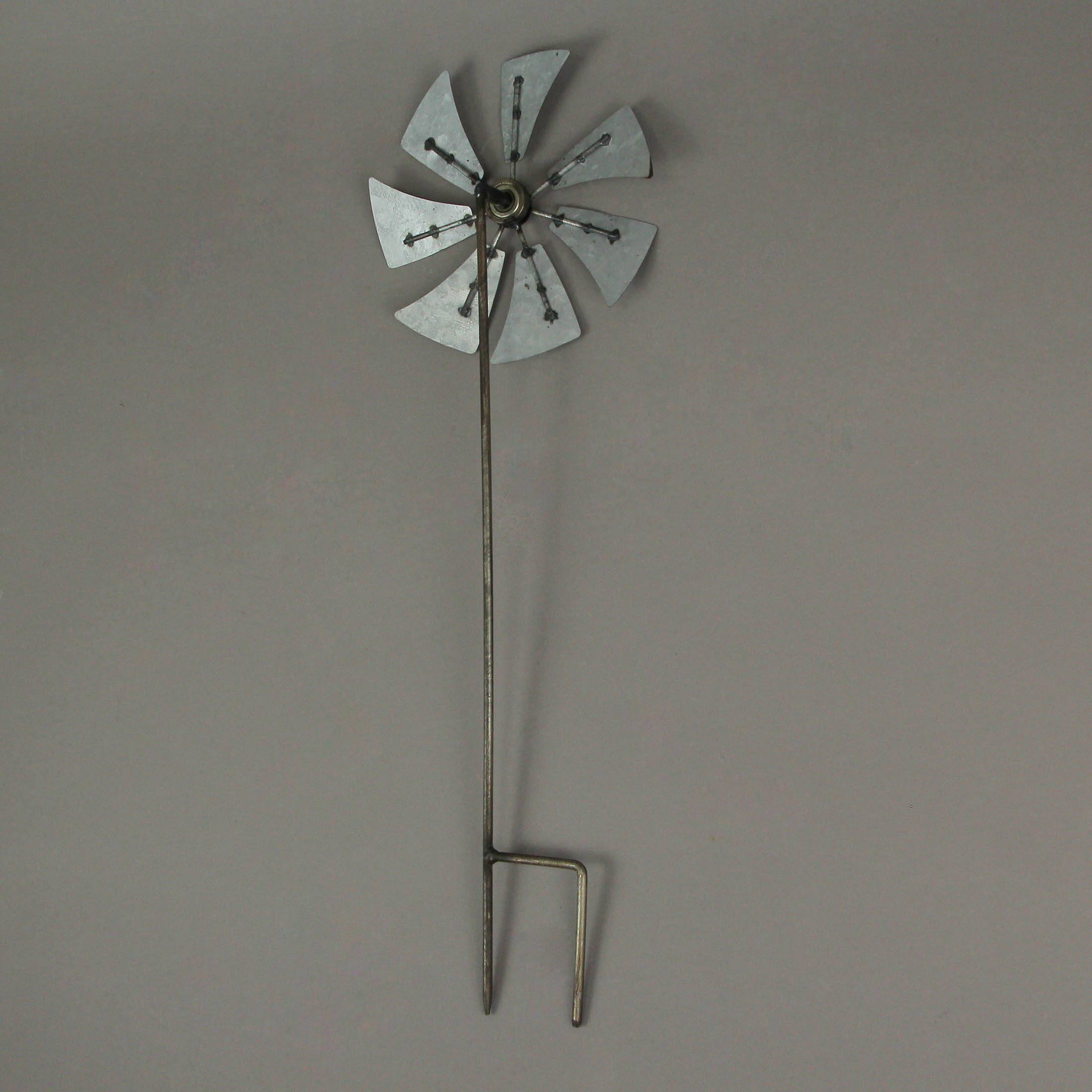 Alt View 2. Zeckos - Set of 3 Metal Kinetic Wind Spinner Pinwheel Garden Stakes 21 Inches High - Grey.