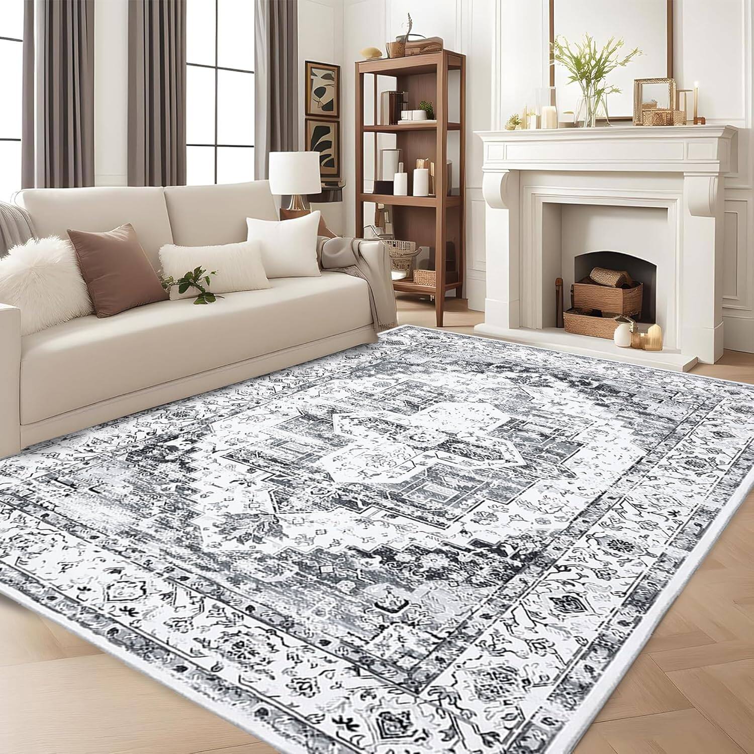 Front. Jojoka - 8x10ft Washable Vintage Area Rug, Foldable Accent Carpet, Distressed Pattern, Soft Indoor Floor Cover, Gray Tone - Gray Tone.