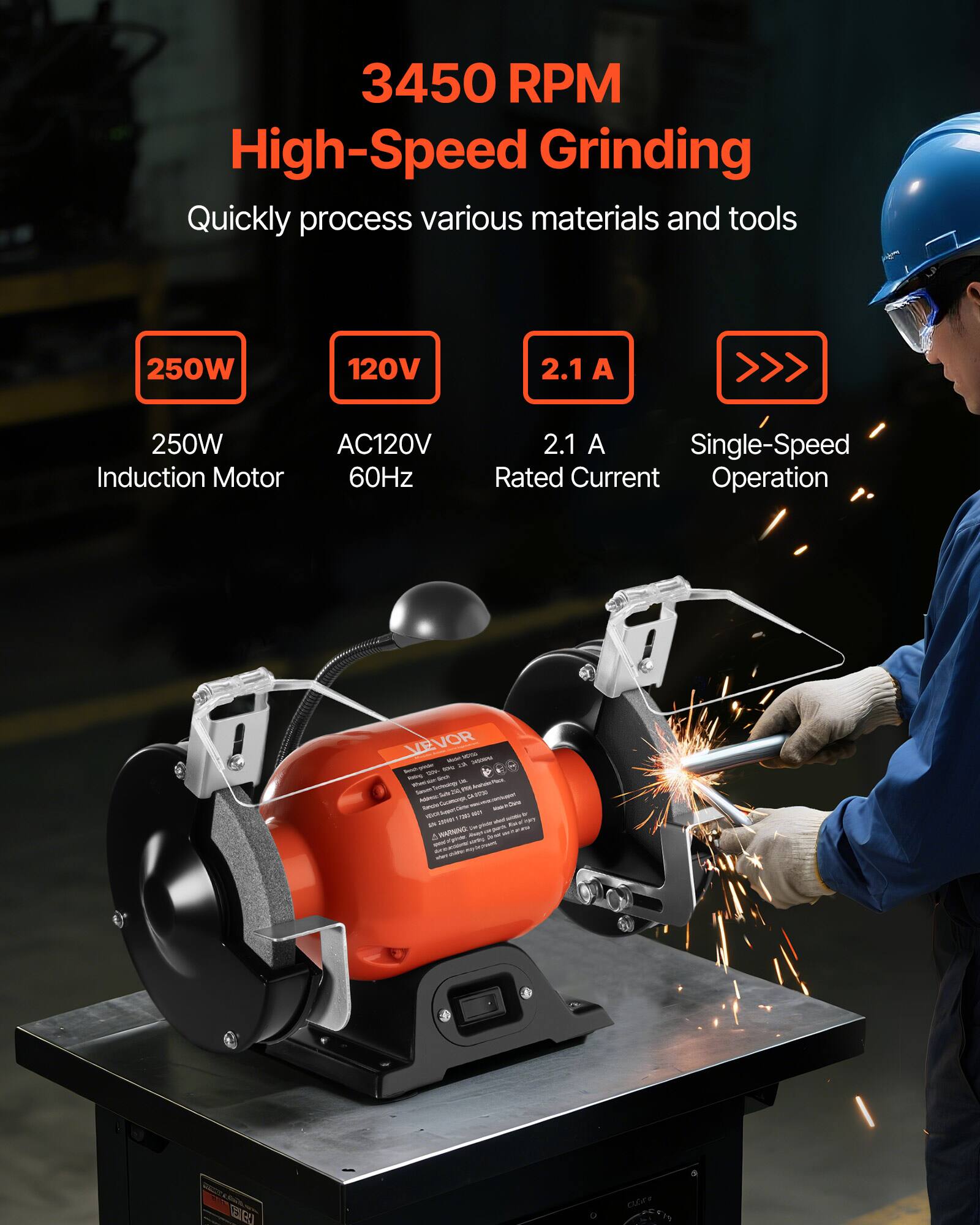 3450 RPM High-Speed Grinding  
Quickly process various materials and tools  

250W Induction Motor  
120V AC120V 60Hz  
2.1 A Rated Current  
Single-Speed Operation  

VEVOR