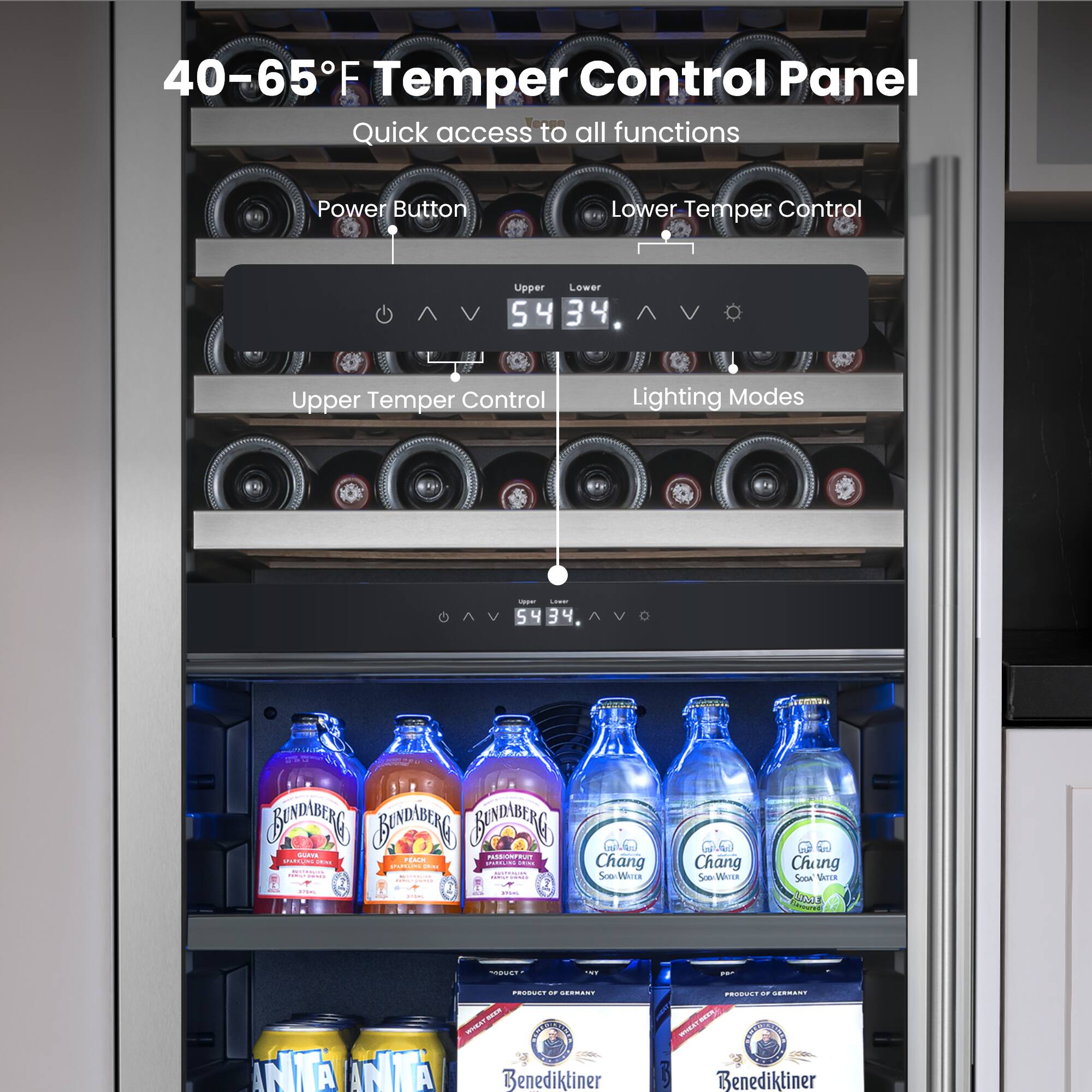 40-65°F Temper Control Panel  
Quick access to all functions  
Power Button  
Lower Temper Control  
Upper Temper Control  
Lighting Modes  

54  
34  

Chang Soo-Won  
Chung Soo-Won  
Benediktiner  
Benediktiner