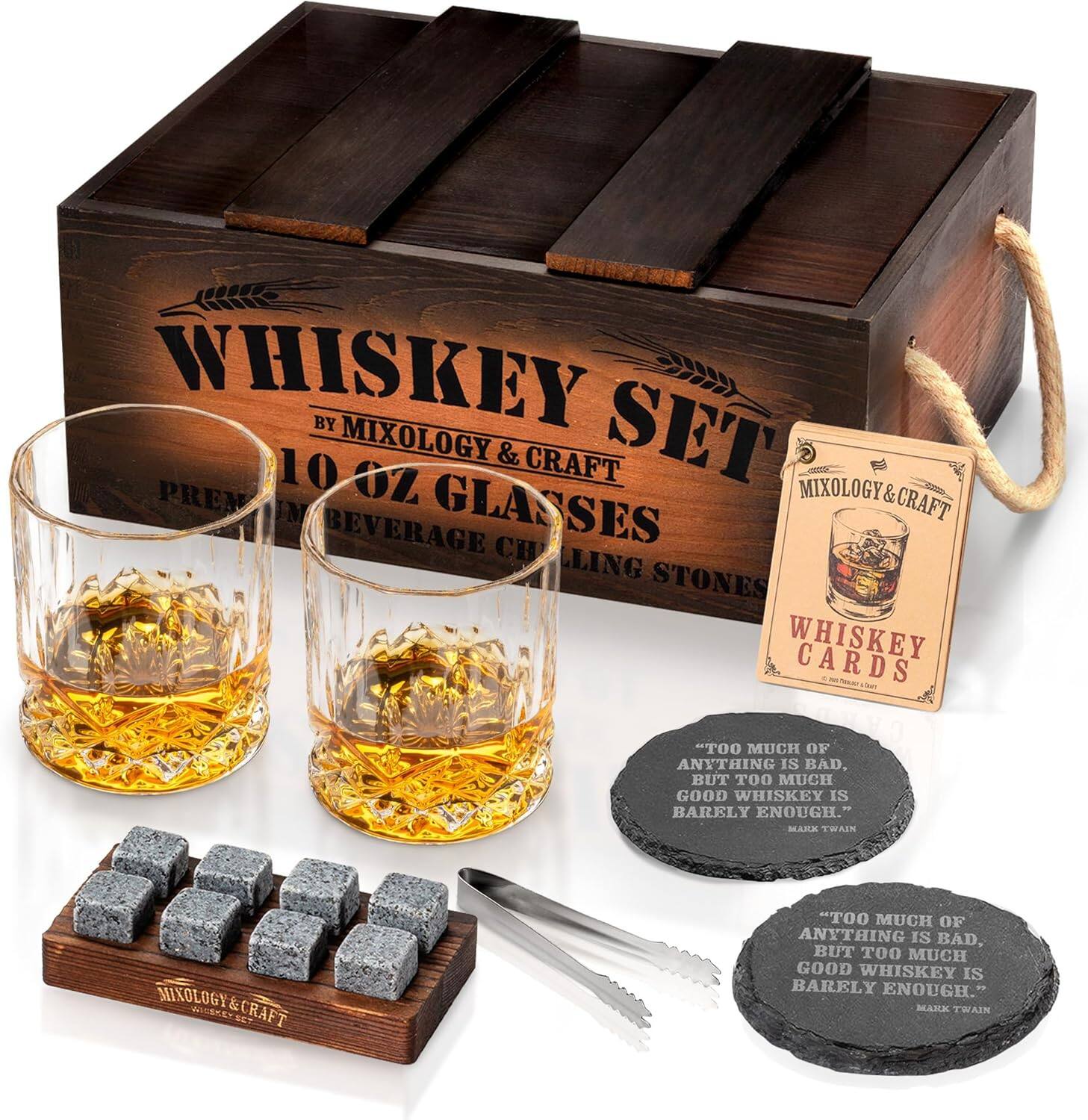 **Whiskey Set**
By Mixology & Craft
10 oz Glasses
Premium Beverage Chilling Stones
**Whiskey Cards**
"Too much of anything is bad, but too much good whiskey is barely enough."
Mark Twain
**Mixology & Craft**