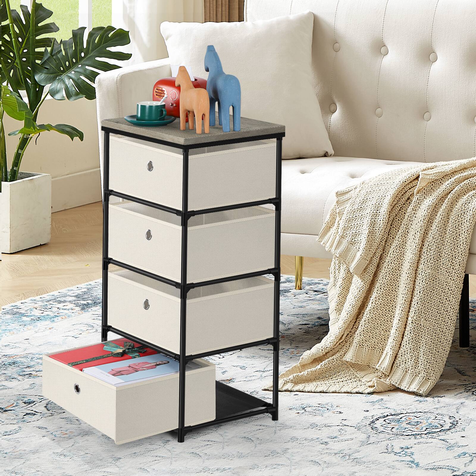 Angle. Oumilen - 4-Drawer Fabric Storage Tower with Wood Top, Cream Beige - White.