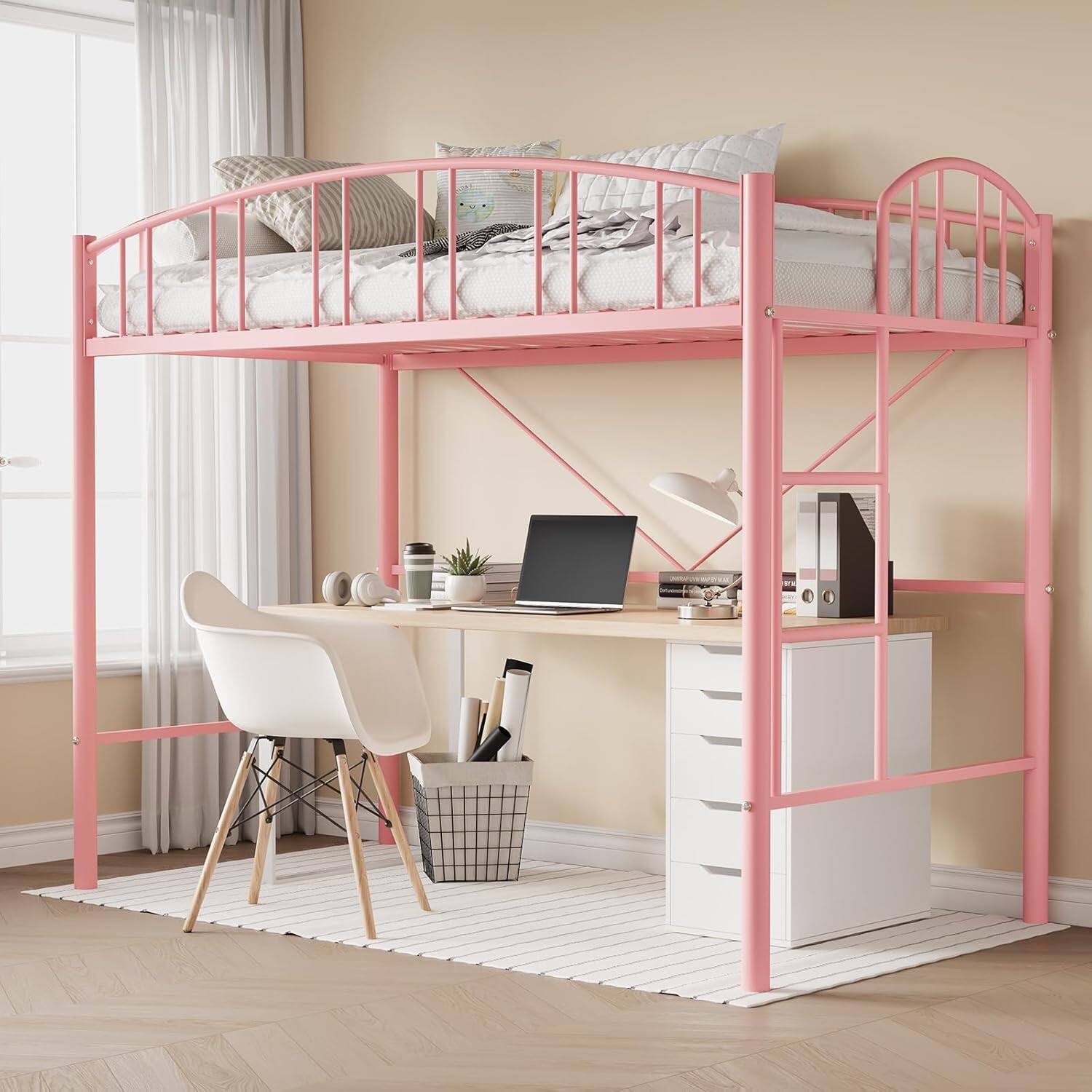 Front. Jojoka - Twin Size Metal Loft Bed Frame with Arched Guardrail, Safety Ladder, Space-Saving, No Box Spring, Pink - Pink.