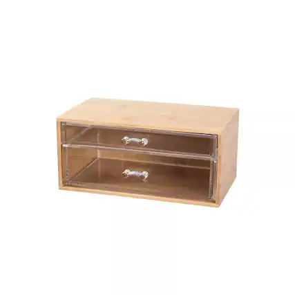 Front. Elle - 2‑Tier Bamboo Cosmetic Organizer with Clear Acrylic Drawers, Lightweight Storage Box for Makeup, Skincare & Jewelry - Clear/Natural Bamboo.