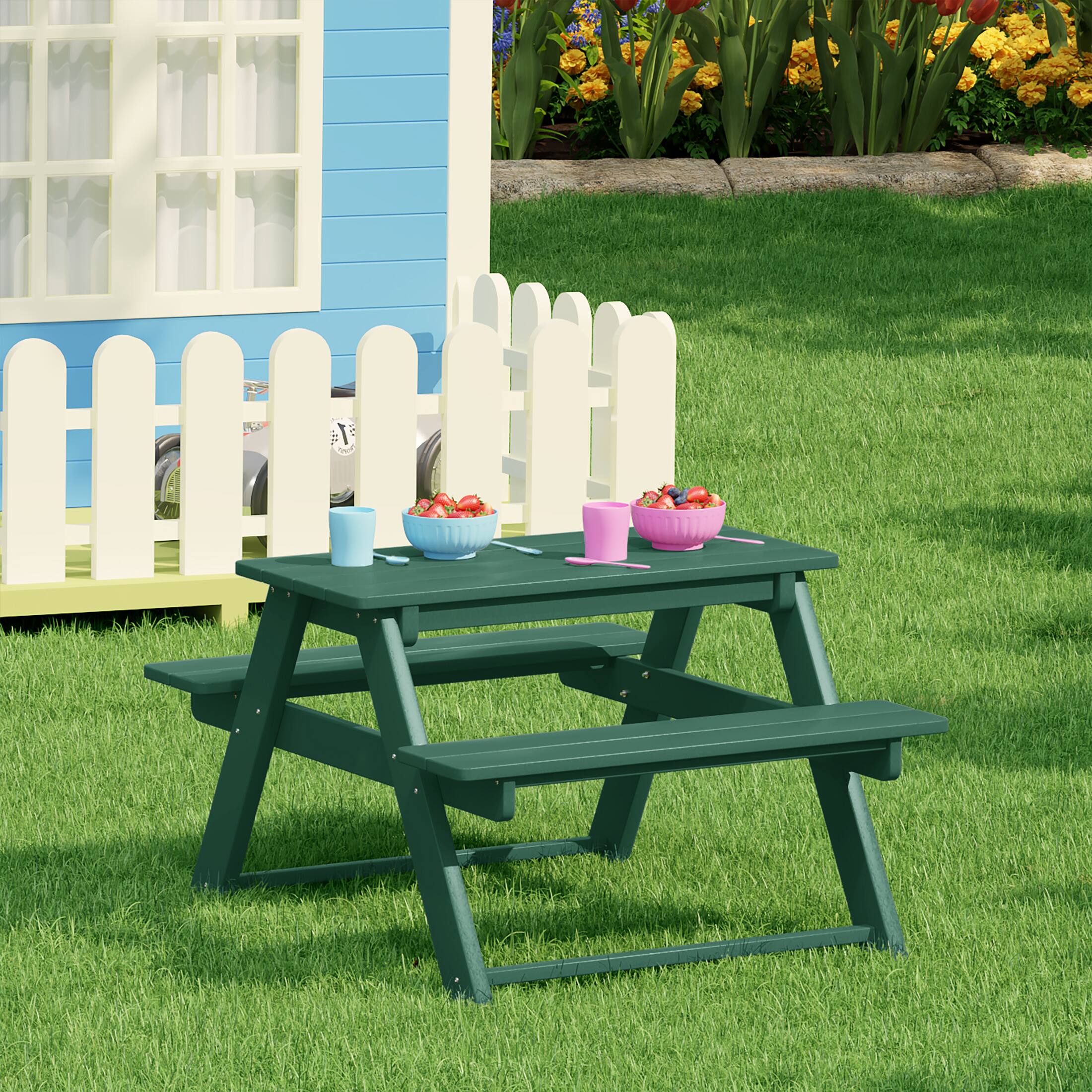 Angle. WestinTrends - WestinTrends Malibu Outdoor Patio Kids HDPE Plastic Picnic Bench Table - Dark Green.
