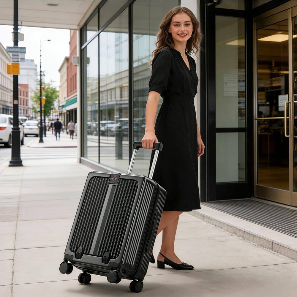 Angle. Quick Deer - Front Opening Carry On Luggage with USB & Type-C Ports, Cup Holder & Laptop Pocket, 20" Hardshell Suitcase - Graphite.