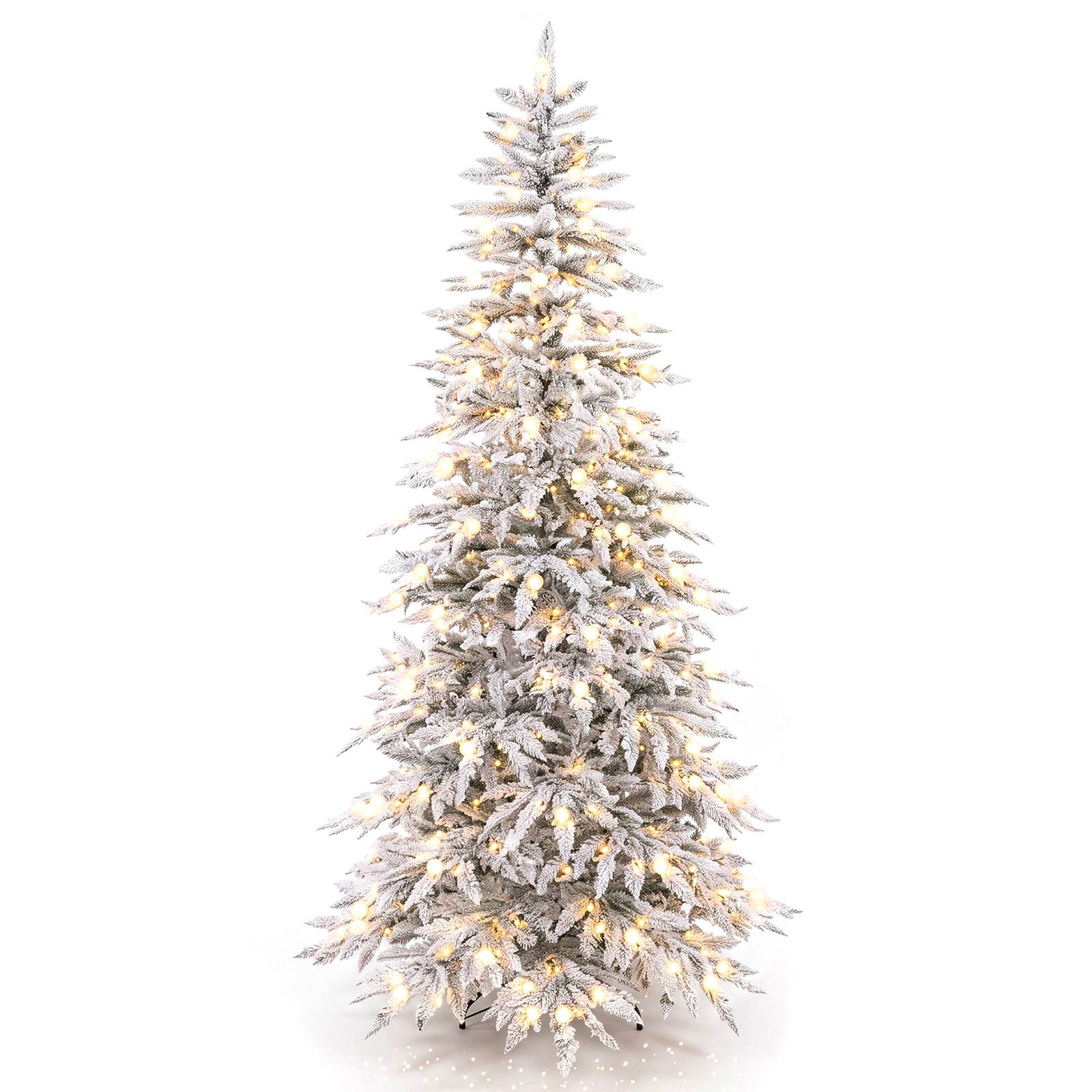 Costway - 8 ft Flocked Cypress Christmas Tree with 935 Full PE Branch Tips, 440 LED Lights Sparse-Style - White