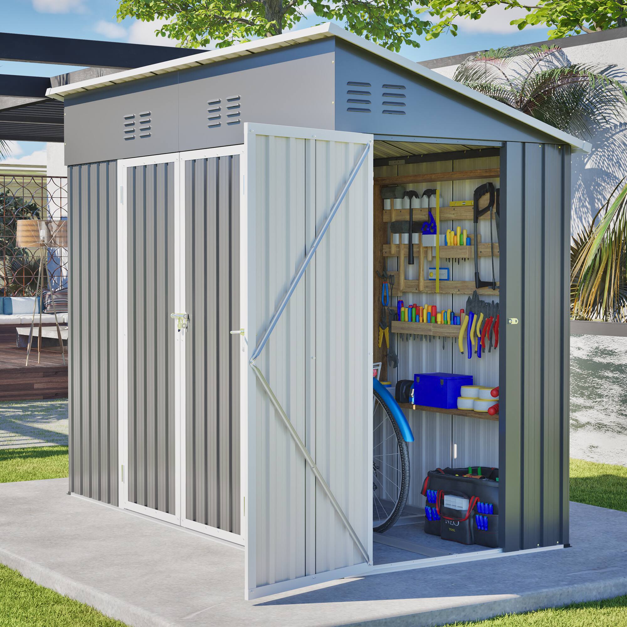 Alt View 6. Loheer - Loheer 4x8 Metal Storage Shed Heavy Duty Outdoor Tool Shed Waterproof Garden Backyard Warehouse.