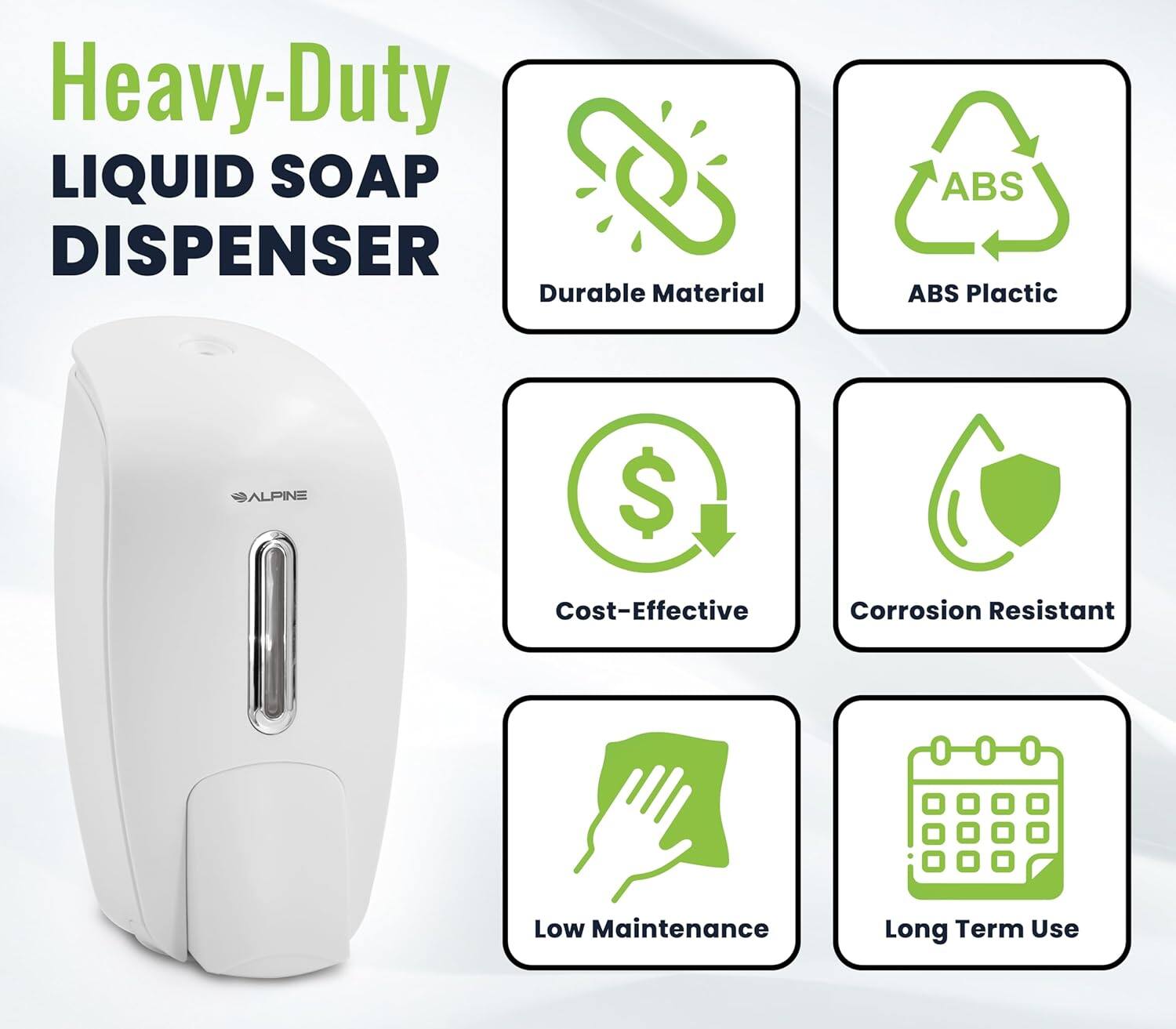 Heavy-Duty LIQUID SOAP DISPENSER Durable Material ABS Plastic Cost-Effective Corrosion Resistant Low Maintenance Long Term Use