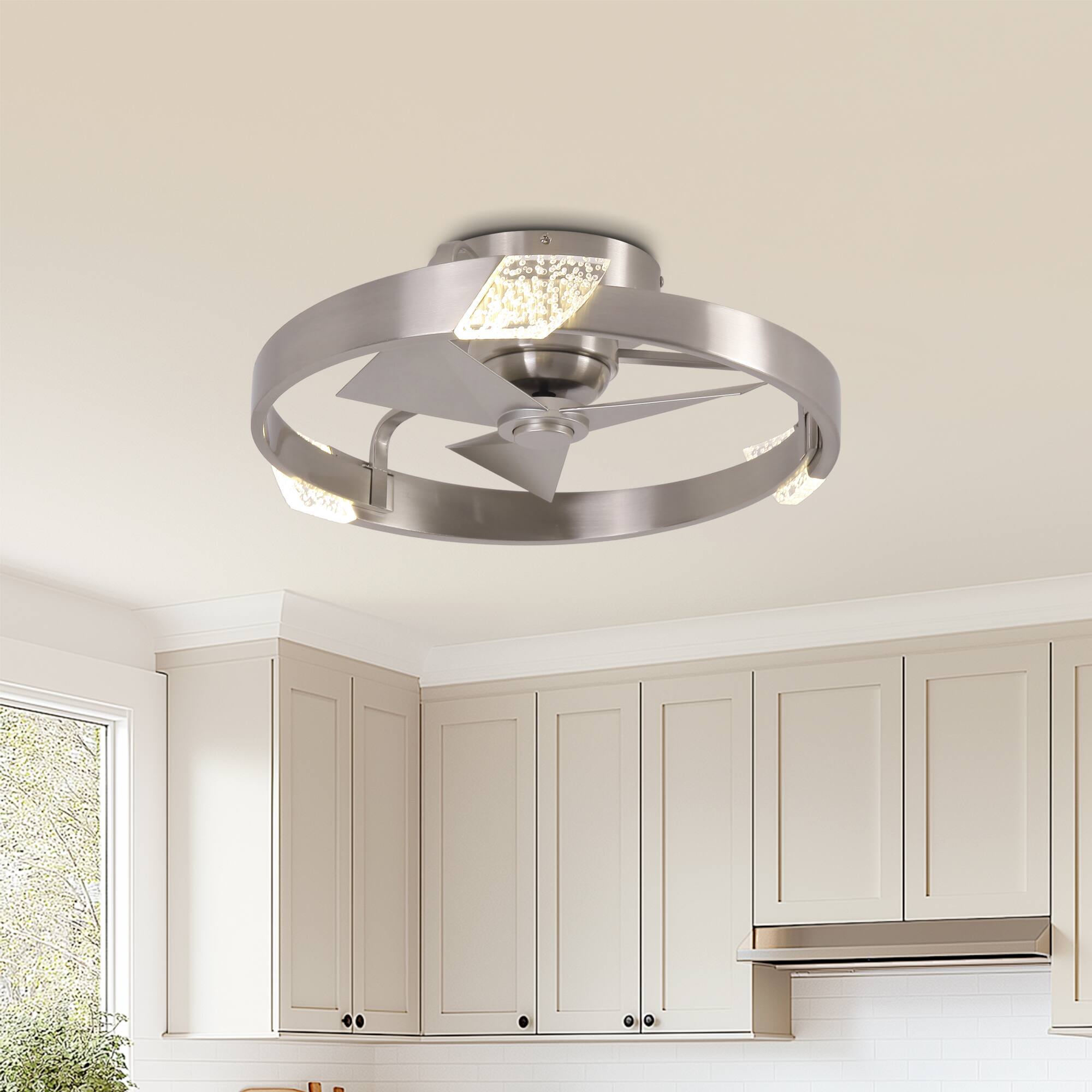 Angle. Parrot Uncle - 20" Modern Sand Nickel Dimmable LED Low Profile Small Ceiling Fan with Remote and Light - Nickel.
