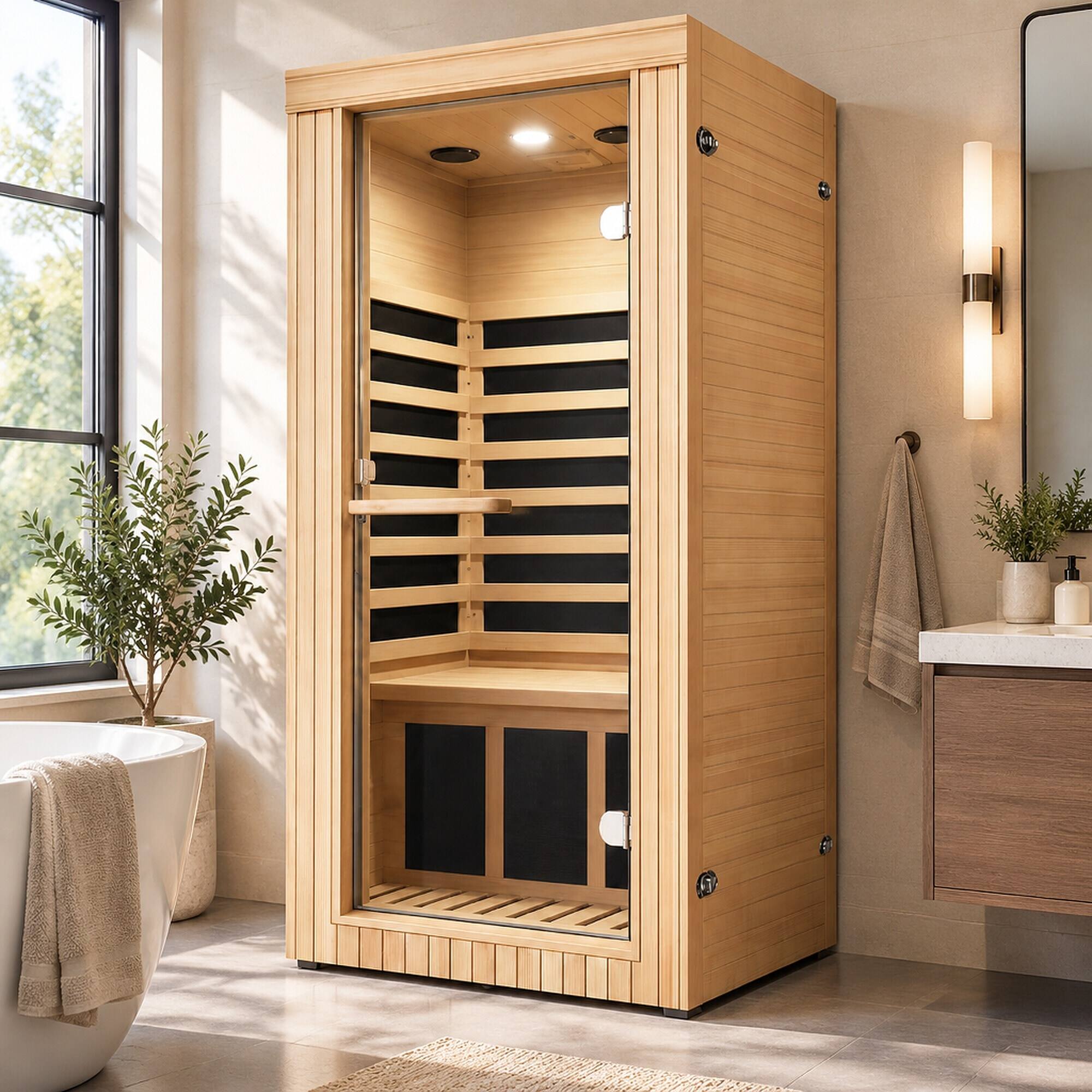 Back. RYHNUYNE - 1020W Canadian Hemlock Mini Far Infrared Sauna, Single Seat, 73 cm x 63 cm x 150 cm Interior, Epoxy Heating Board - Ameican White Oak.