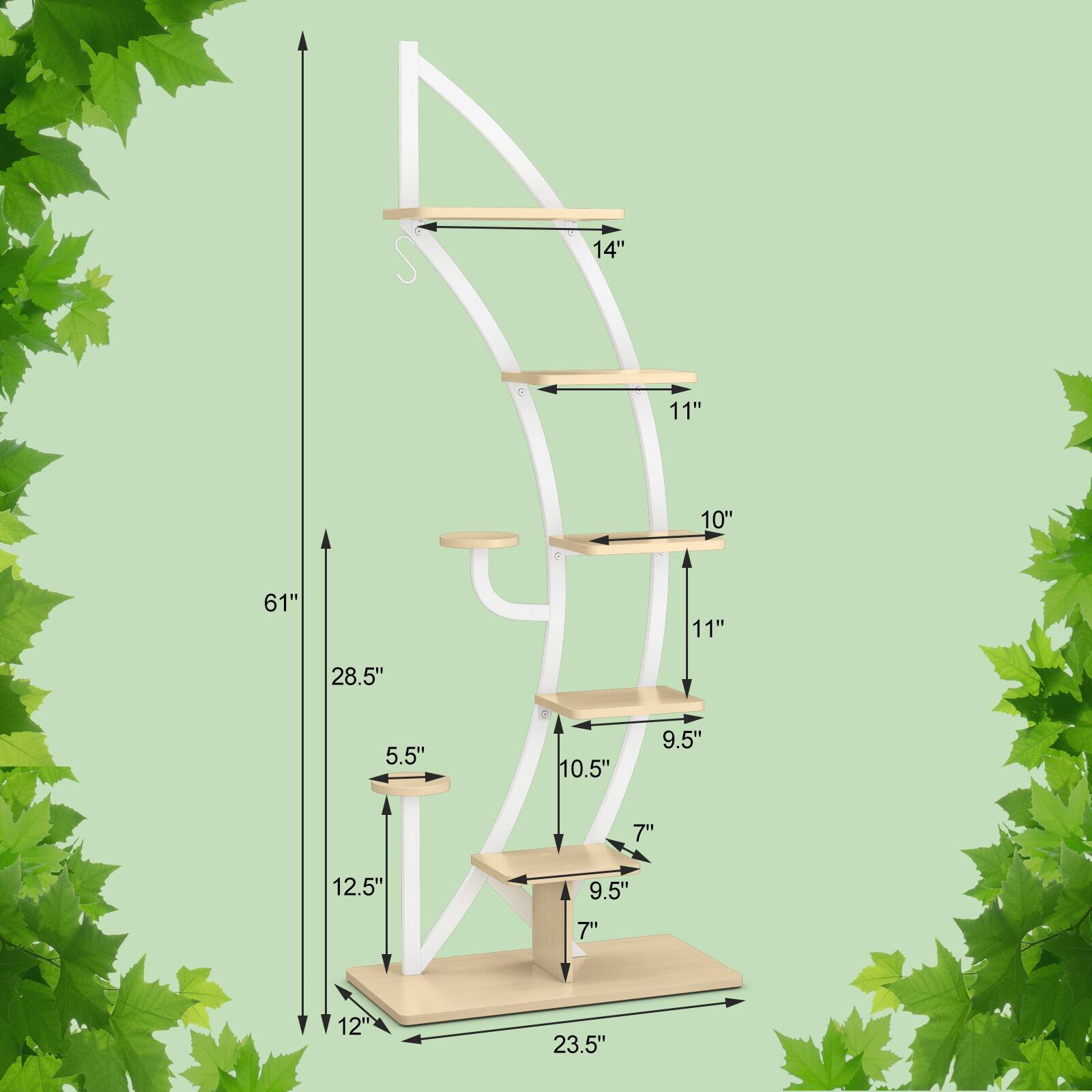 1. Height: 61"
2. Width: 23.5"
3. Depth: 12"
4. Top shelf: 14" x 11"
5. Second shelf: 10" x 11"
6. Third shelf: 9.5" x 10.5"
7. Fourth shelf: 7" x 9.5"
8. Bottom shelf: 5.5" x 12.5"