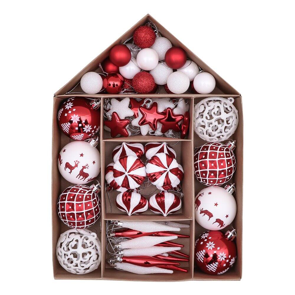 Front. OrnamentallyYou - Endearing Prominent Red and White Christmas Ornament Set 70-Pieces Baubles - Multi-colored.