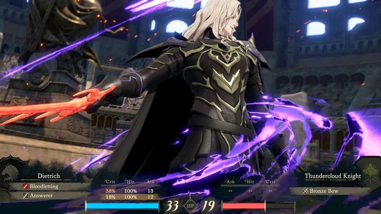 Dietrich  
Bloodletting Answerer  
Crit 38% 18%  
Hit 100% 100%  
Atk 13 12  
33  
HP 19  
Atk ..  
Hit ..  
Crit --  
Thundercloud Knight X Bronze Bow