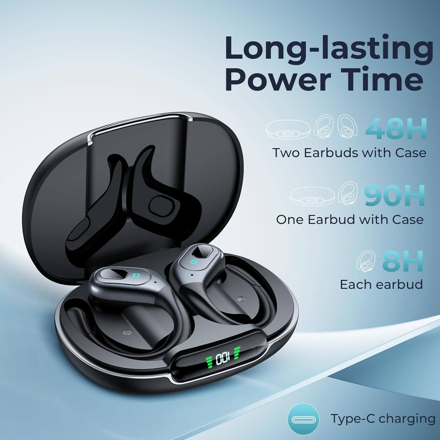 Long-lasting Power Time  
48H - Two Earbuds with Case  
90H - One Earbud with Case  
8H - Each earbud  
Type-C charging