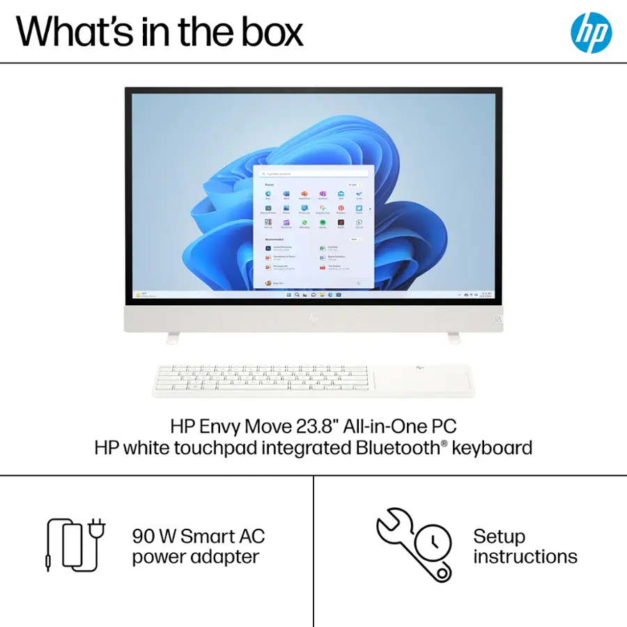 What's in the box: HP Envy Move 23.8" All-in-One PC, HP white touchpad integrated Bluetooth keyboard, 90 W Smart AC power adapter, Setup instructions.