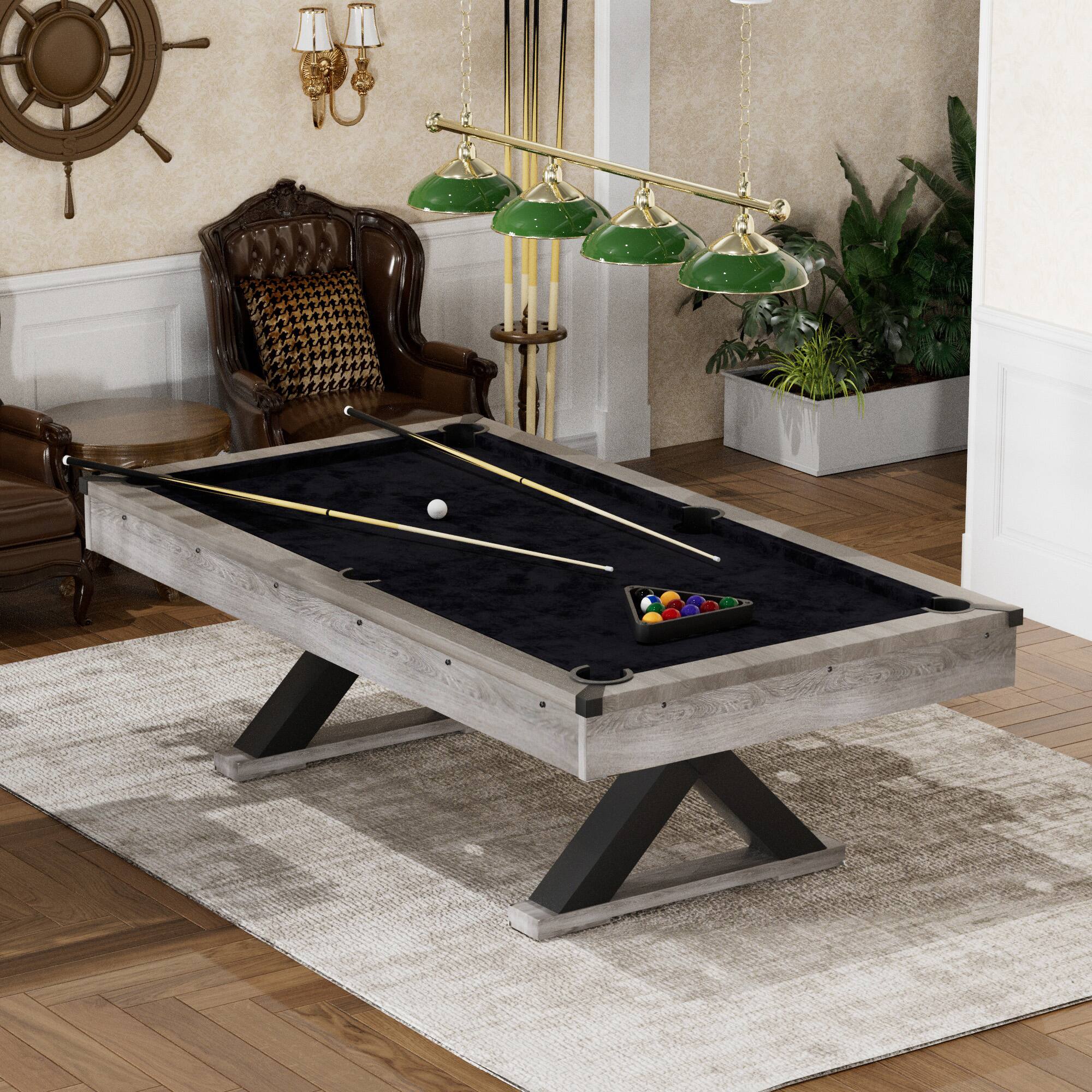 Angle. Dexmalle - Dexmalle-84" Pool Table with Billiard Balls, Cues, Pool Cue Chalk, Cleaning Brush, X-Legs-Black+Grey - Grey.