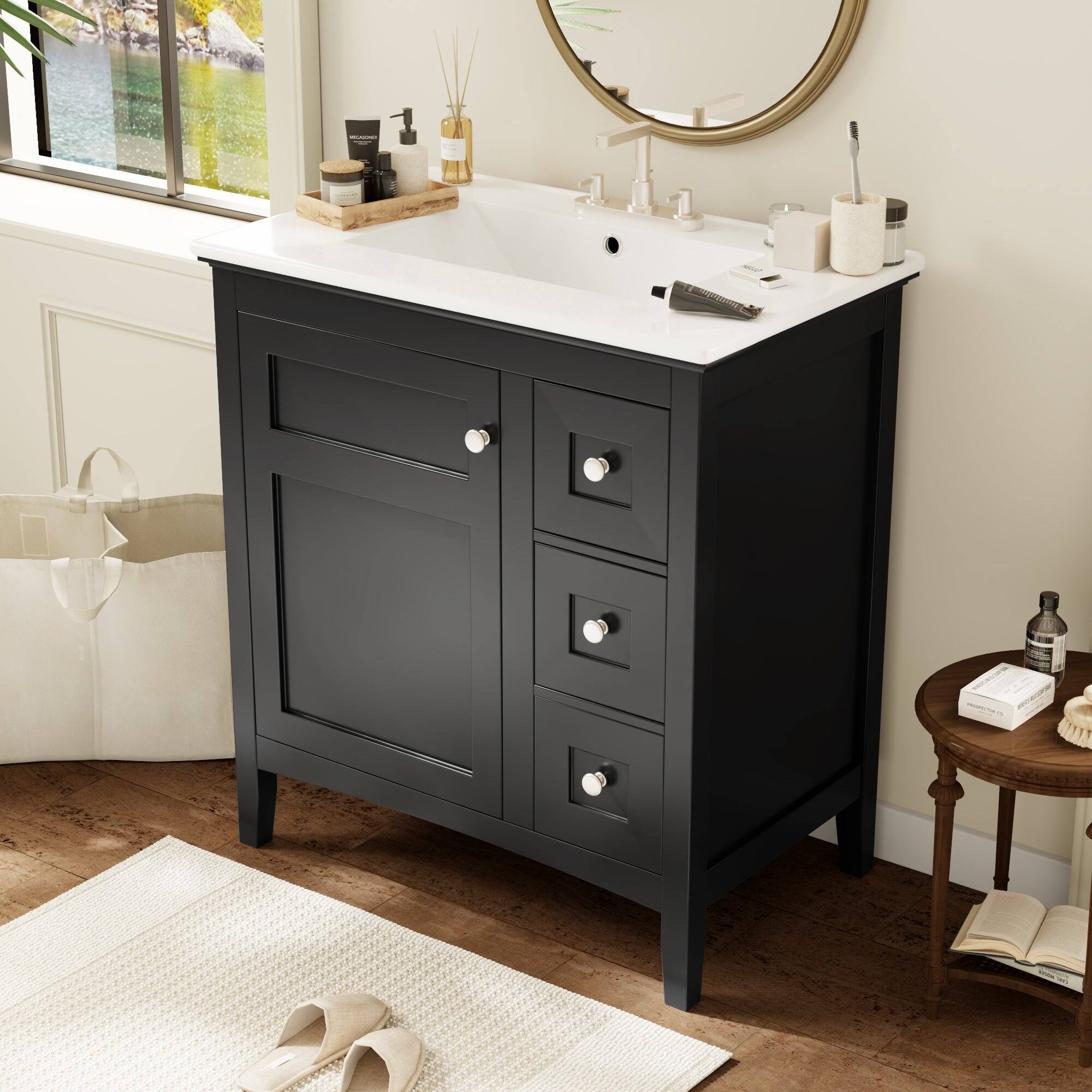 Alt View 7. Boyel Living - 30 Inch Bathroom Vanity with Ceramic Sink Three Drawers Black - Black.