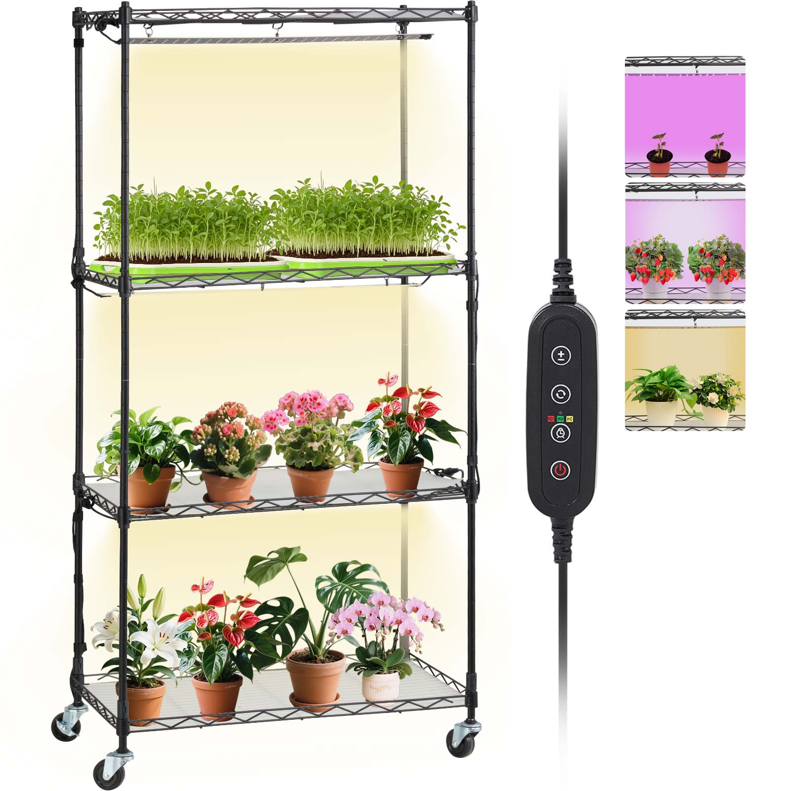 Front. VEVOR - Plant Stand with Grow Light, 4-Tier Plant Shelf with 45W Full Spectrum Grow Light, 3 Mode Plant Light - Black.