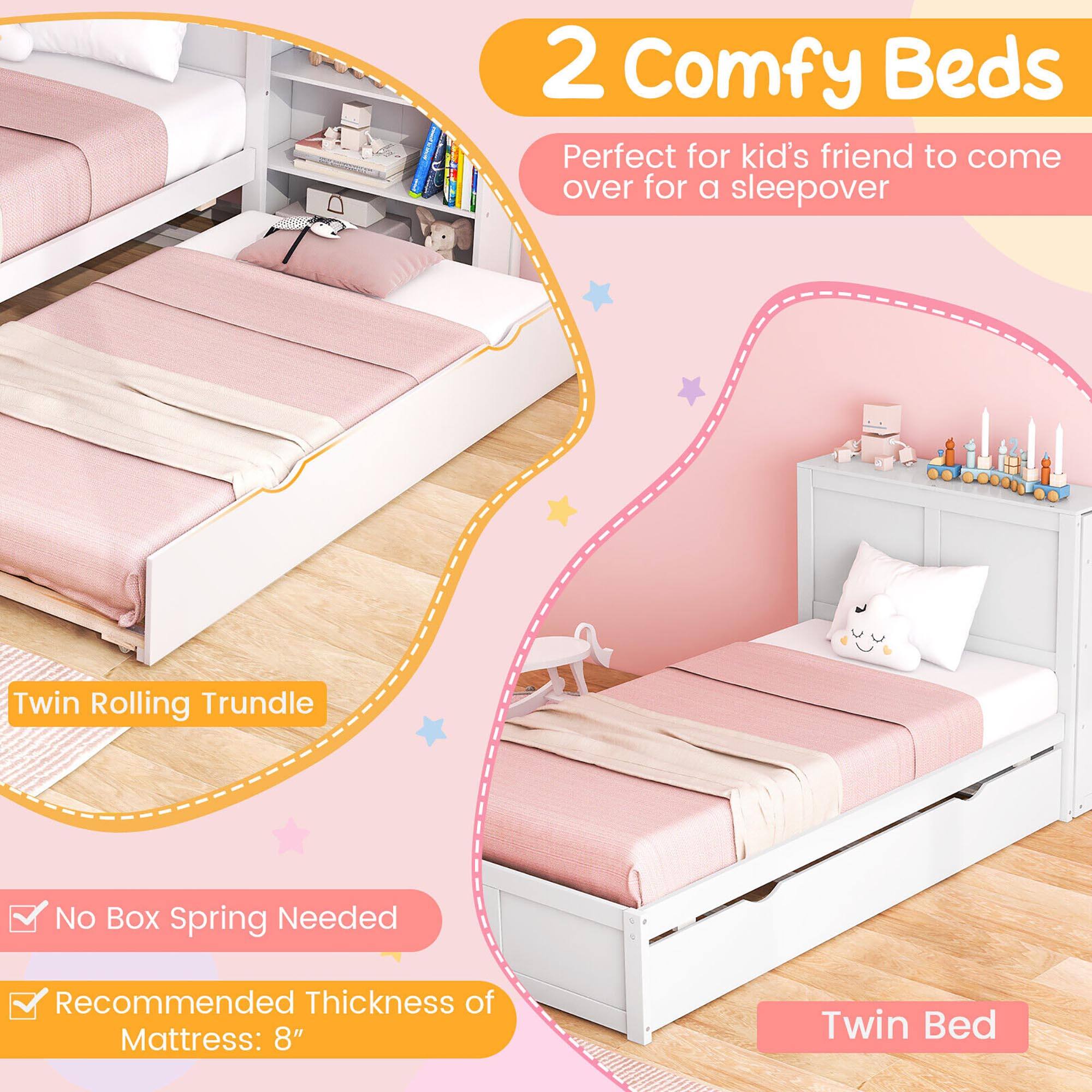 2 Comfy Beds  
Perfect for kid's friend to come over for a sleepover  

Twin Rolling Trundle  
No Box Spring Needed  
Recommended Thickness of Mattress: 8"  

Twin Bed