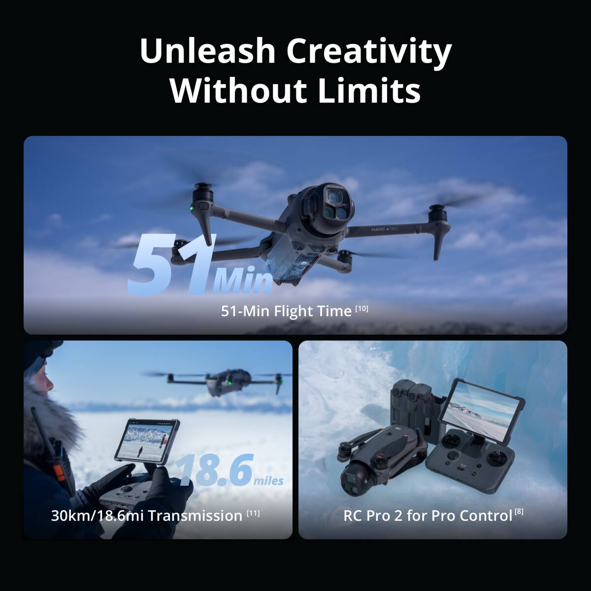 Unleash Creativity Without Limits

51-Min Flight Time [10]

30km/18.6mi Transmission [11]

RC Pro 2 for Pro Control [8]