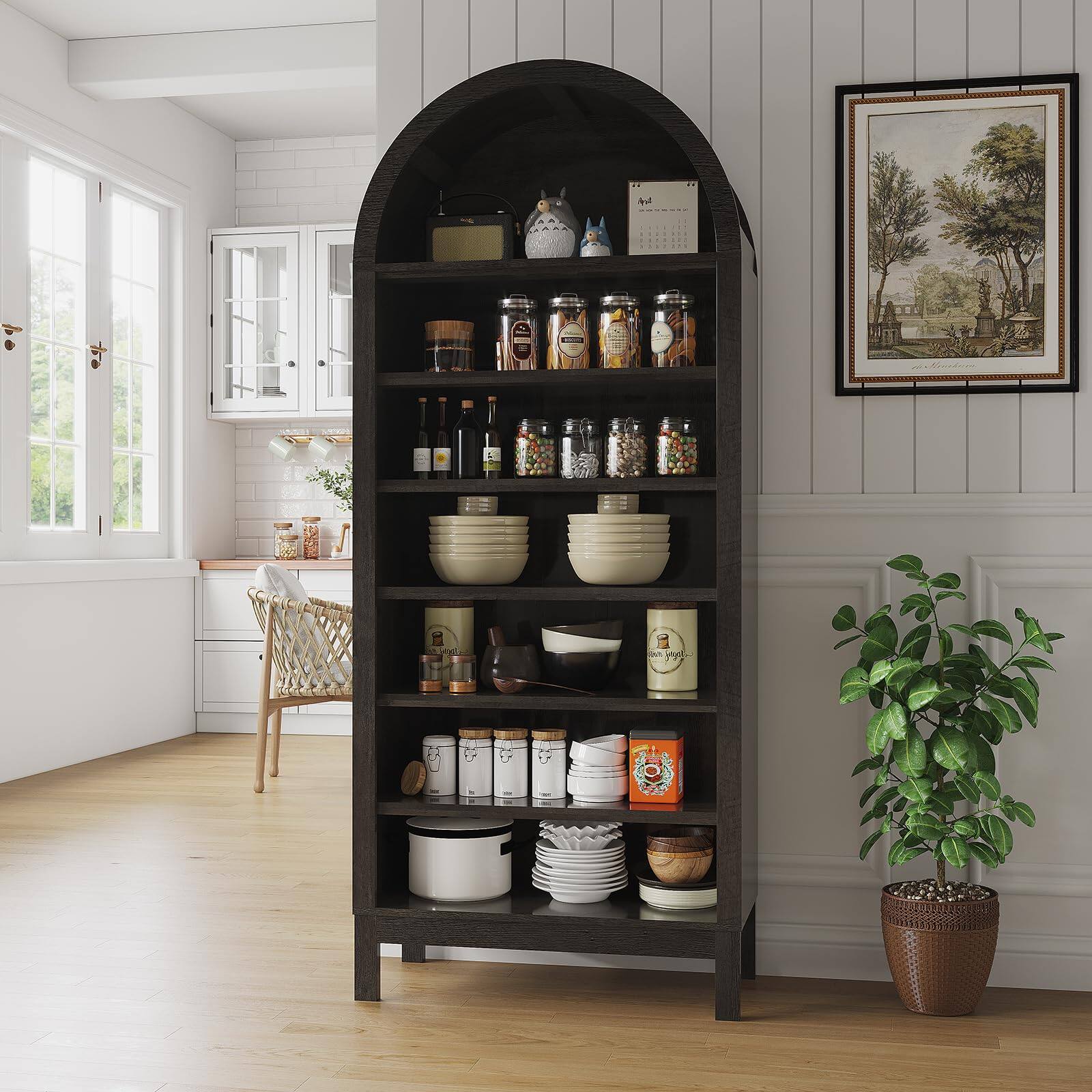 Alt View 1. Jojoka - 71" Tall Arched Bookcase, 7-Tier Freestanding Open Bookshelf with Adjustable Shelves for Living Room Office - Black.
