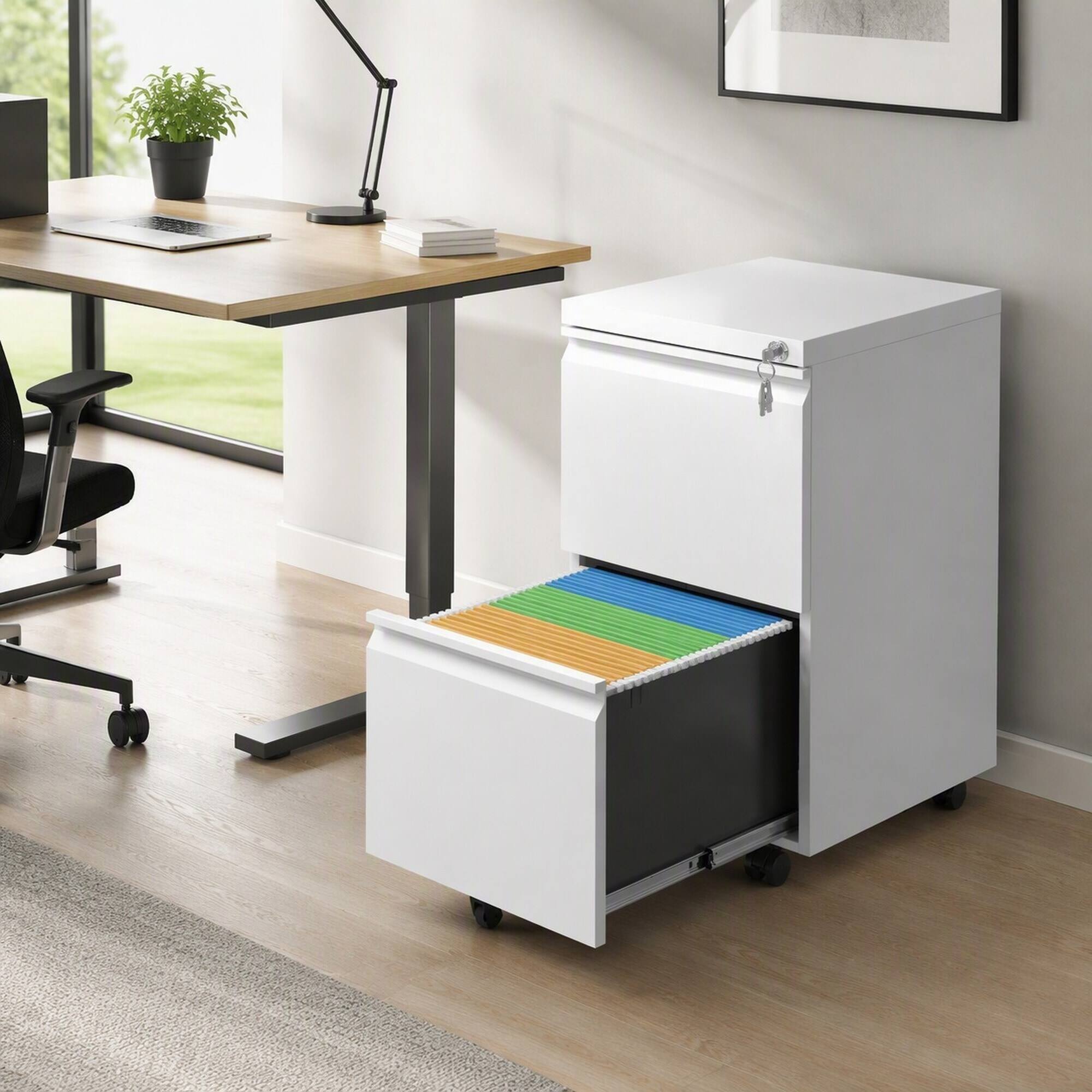 Left. RYHNUYNE - 2 Drawer Metal  Mobile File Cabinet Rolling File Cabinet with Lock for   Home Office.