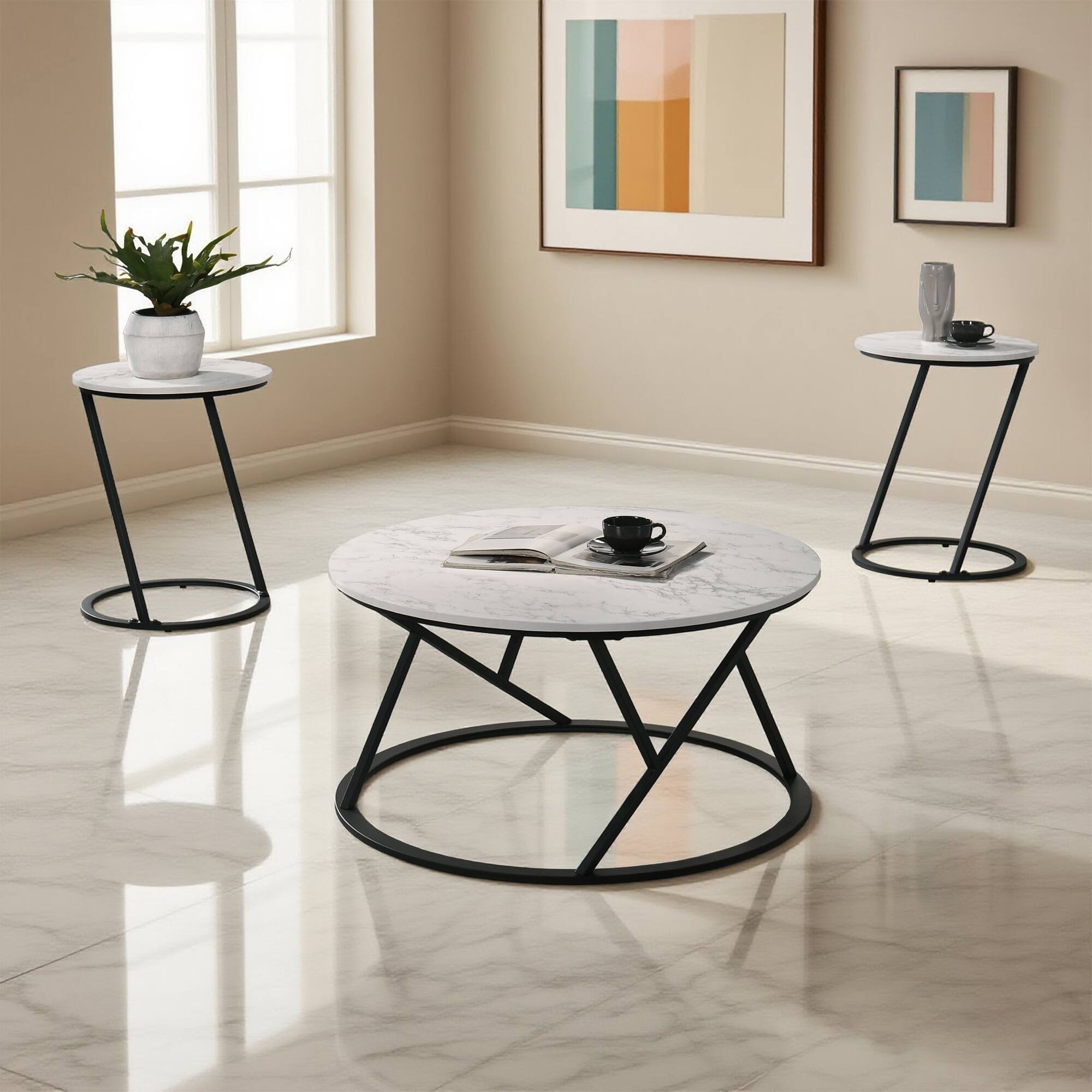 Left. Vaczon - Contemporary 3-Piece Table Set with Decorative Metal Base Accent Table for Dining Kitchen or Small Spaces - White.
