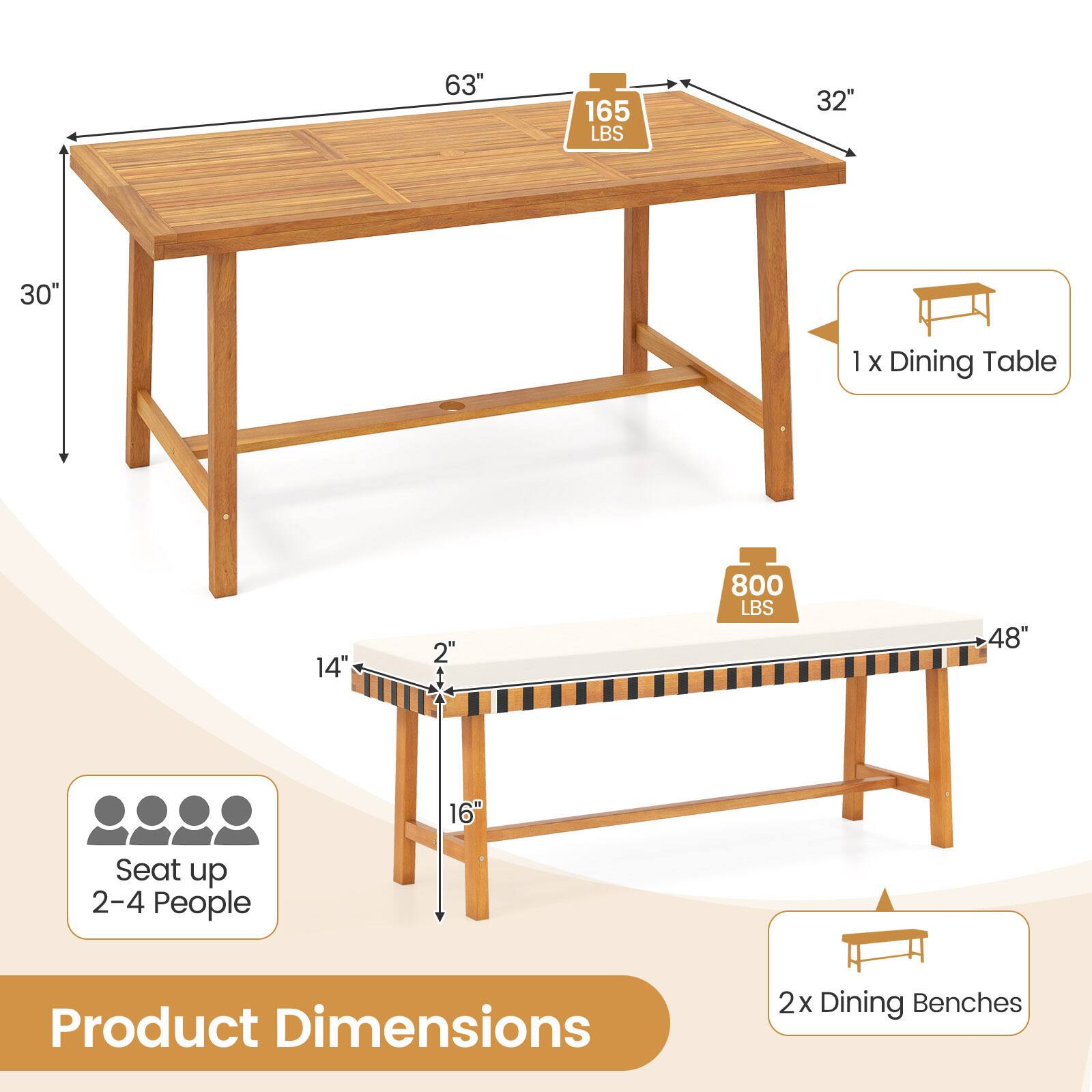 63" 165 LBS 32" 30" 1 X Dining Table 14" - 2" 800 LBS 48" 16" Seat up 2-4 People Product Dimensions 2x Dining Benches