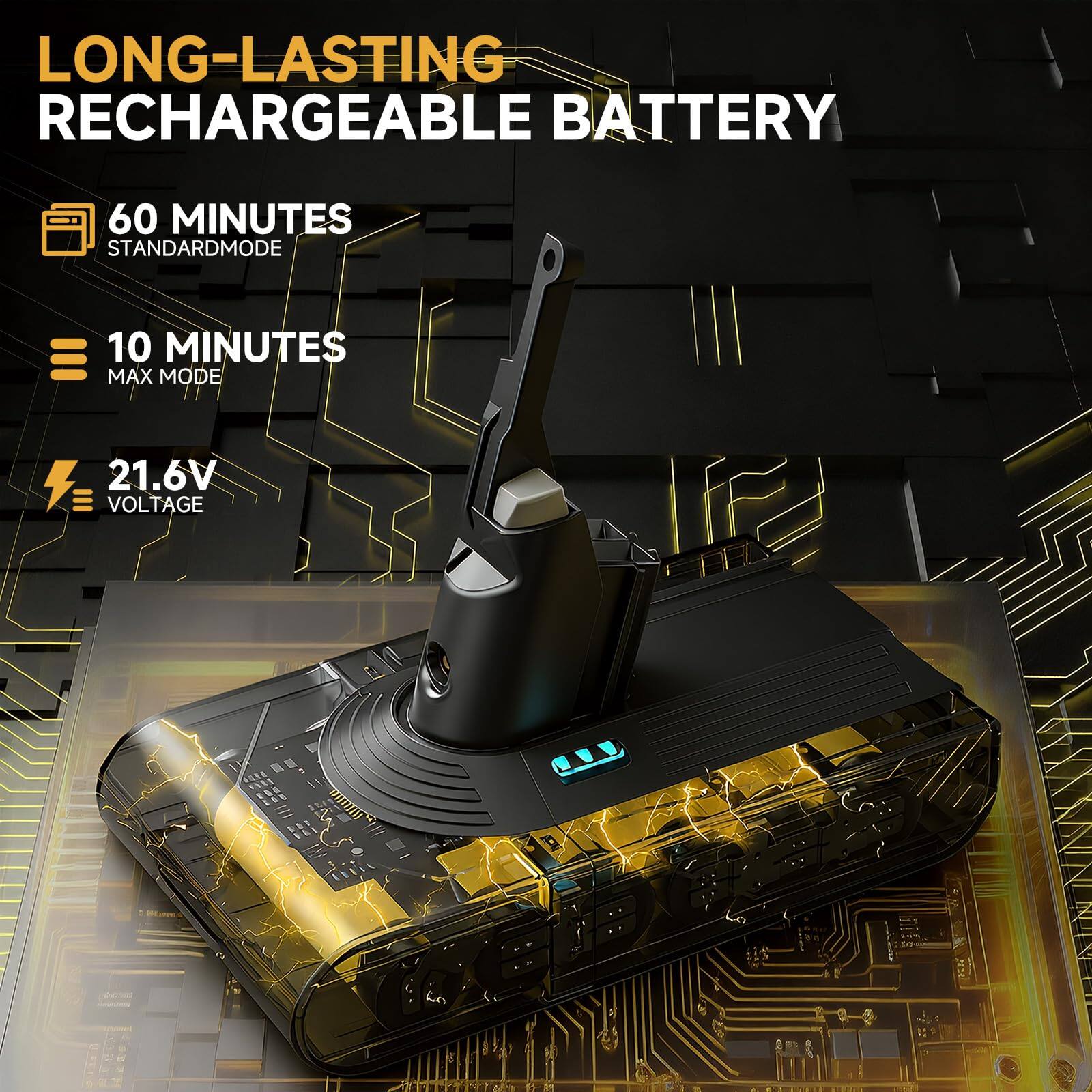 LONG-LASTING RECHARGEABLE BATTERY  
60 MINUTES STANDARD MODE  
10 MINUTES MAX MODE  
21.6V VOLTAGE