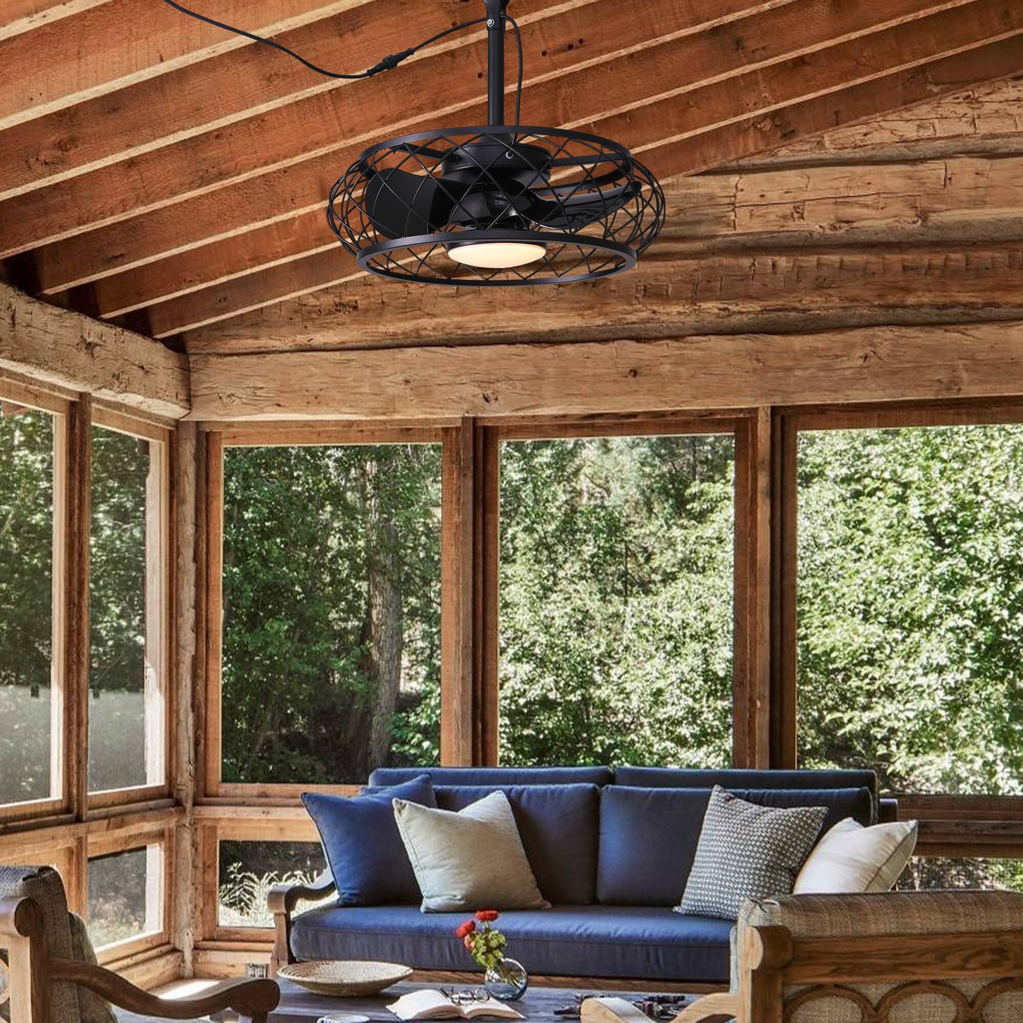 Angle. Siljoy - 20 Inch Matte Black Caged Ceiling Fan Light Remote 6-Speed Reversible Waterproof for Bedroom Kitchen Patio - Matte Black.