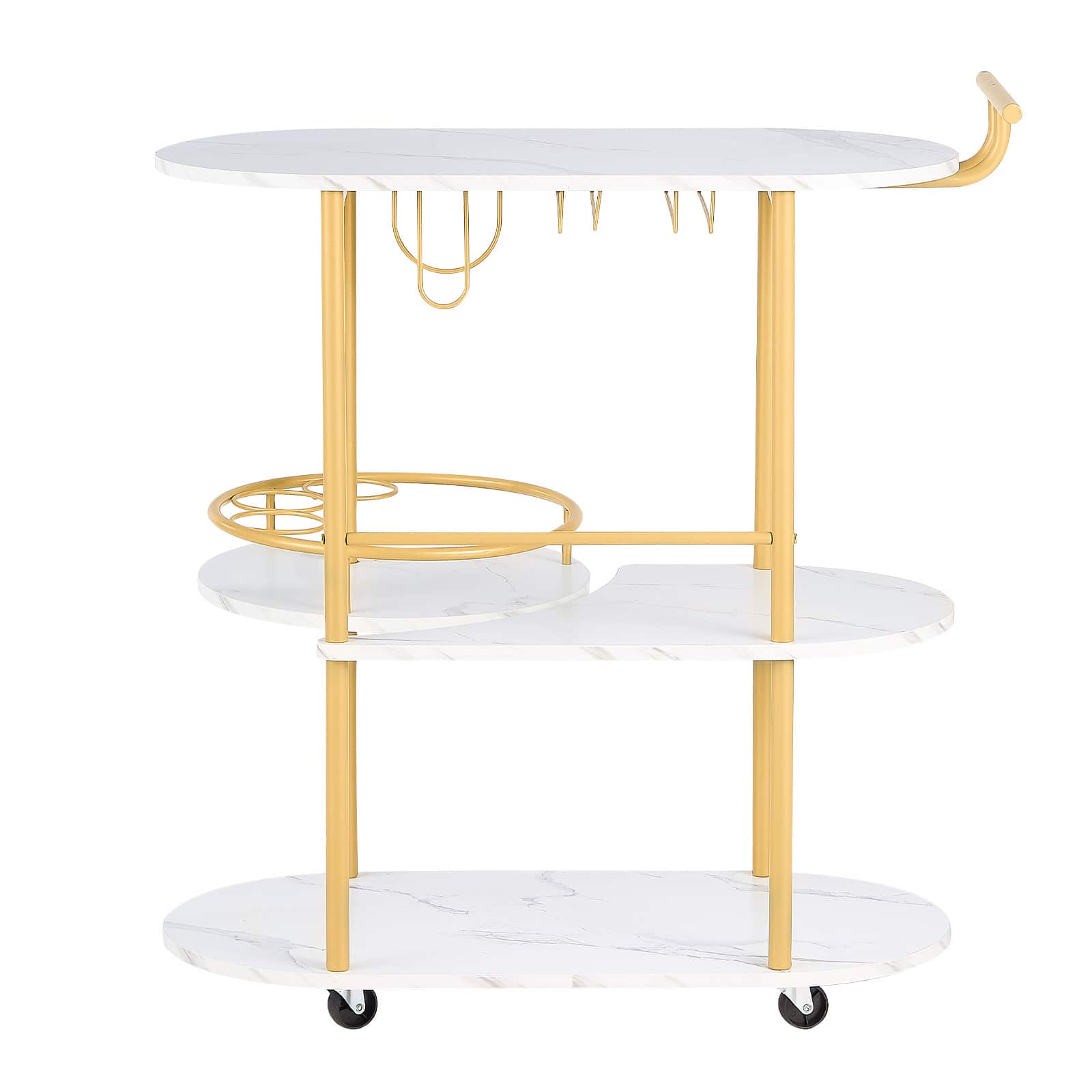 VEVOR - Bar Cart, 3 Tiers Home Kitchen Serving Carts, Modern Round Rolling Utility Station on Wheels, Mobile Drink Beverage - Gold + Marble White
