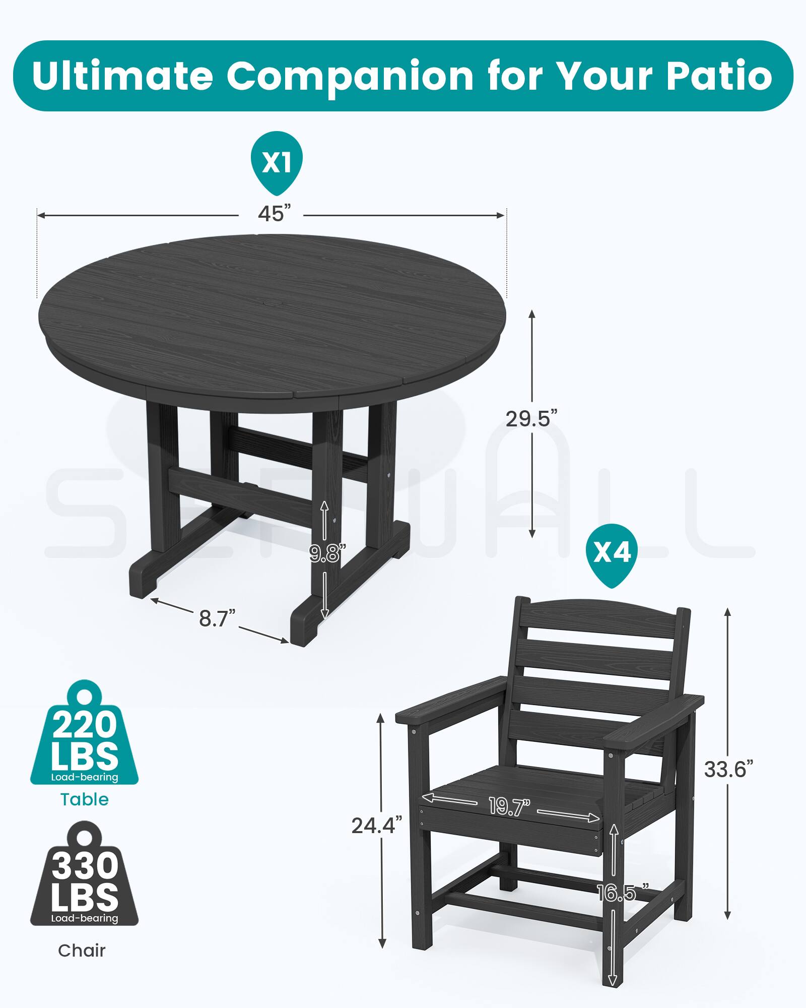 Ultimate Companion for Your Patio

X1
45" 
29.5" 
9.8" X4 8.7" 
220 LBS Load-bearing Table 
330 LBS Load-bearing 
24.4" 
19.7" 
50 16.5" 
33.6" 
Chair