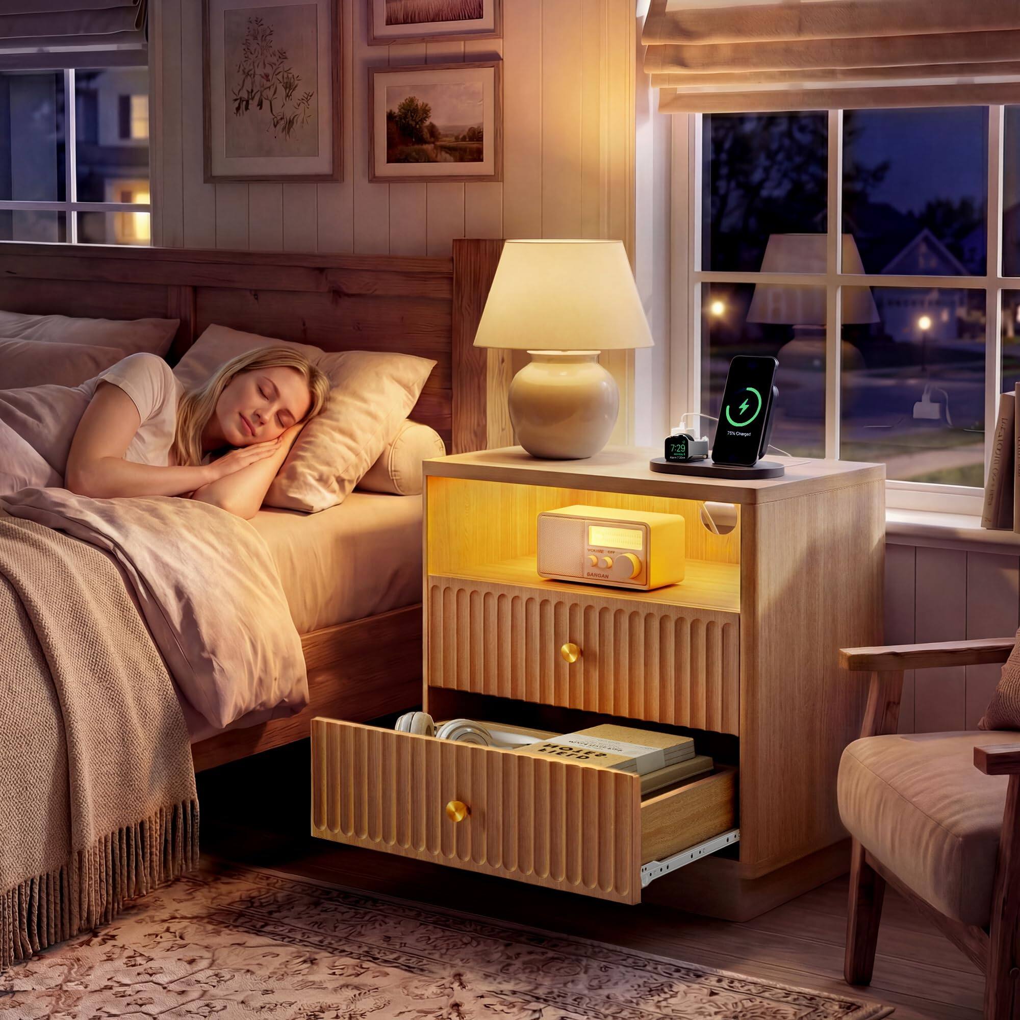 Alt View 7. paproos - 23'' Fluted Nightstand with Charging Station, Modern Bedside Table with Motion Sensor LED Light & 2-Drawer - Natural Wood.