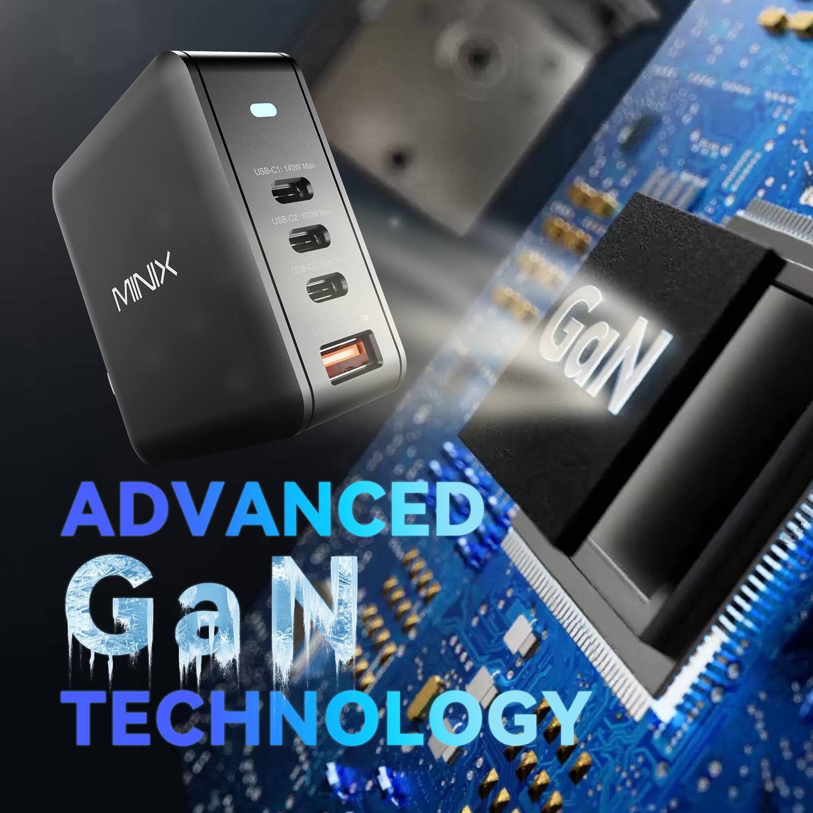 Advanced GaN Technology: 140N Max USB-CE: 100W Me U5B-C2 C3 DOW USB MINIX 3 A USB