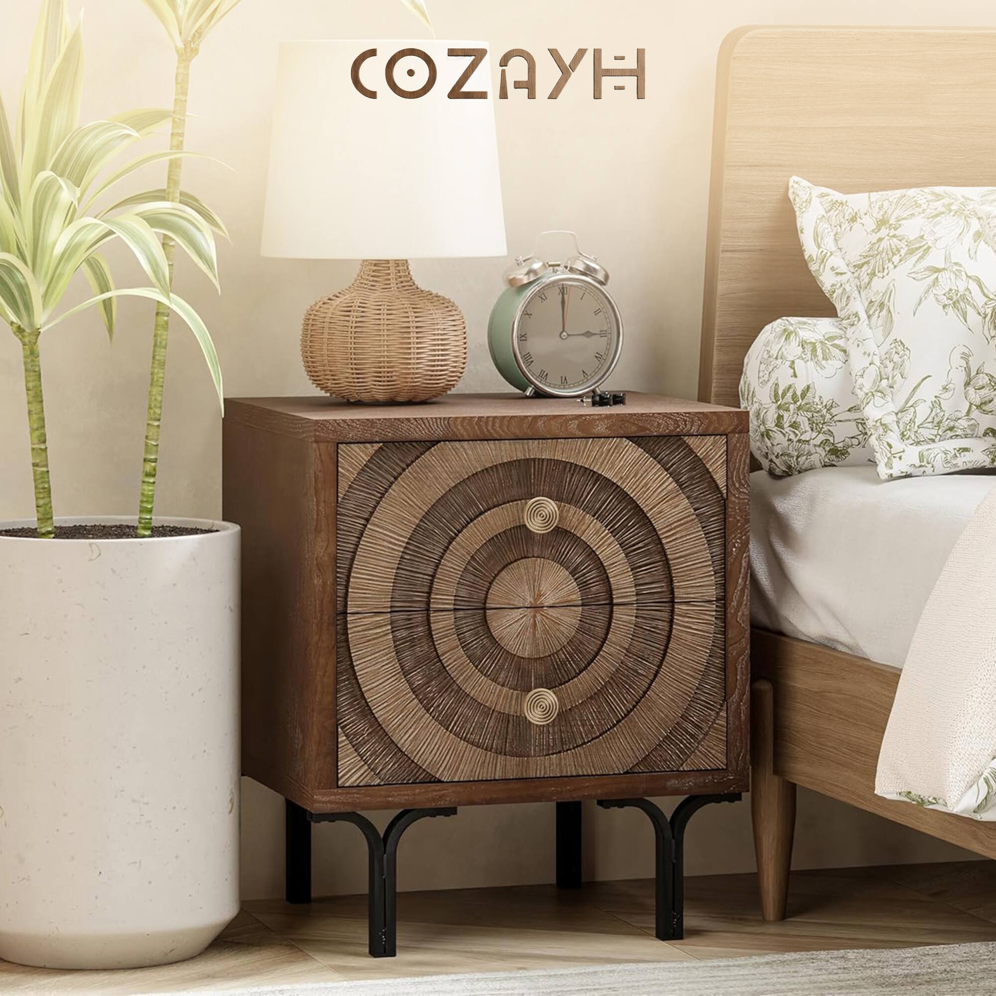 Alt View 4. Aoikax - Aoikax Farmhouse 2-Drawer Nightstand, Wooden Storage Dresser with Circle Pattern - Brown.